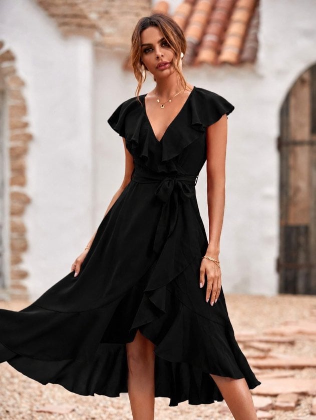 Women's Short Sleeve Ruffle Trim Wrap Midi Crepe Dress - Janes - by Peralane - photo 4