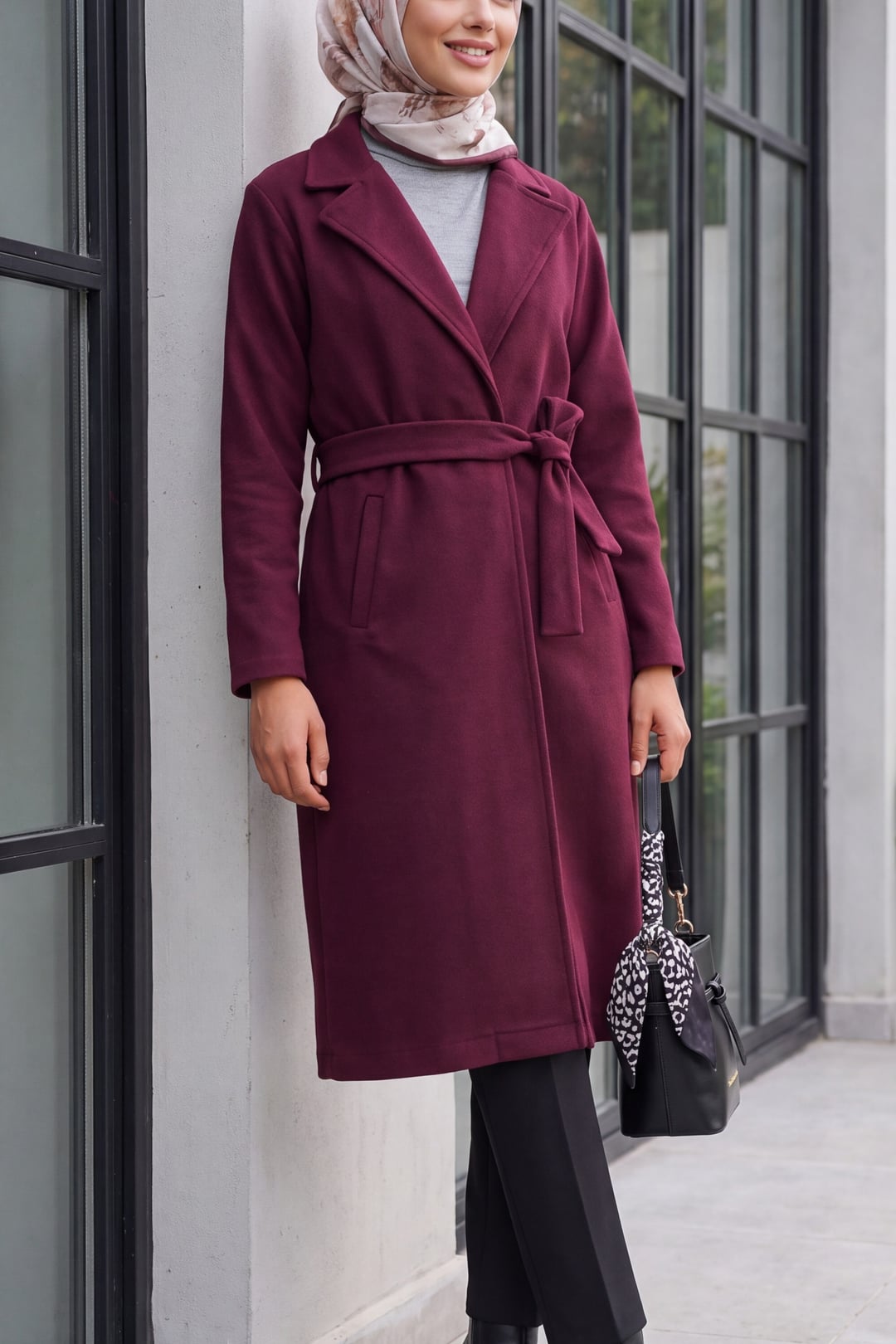 Burgundy Shawl Collar Belted Coat - Bigdart - by Peralane