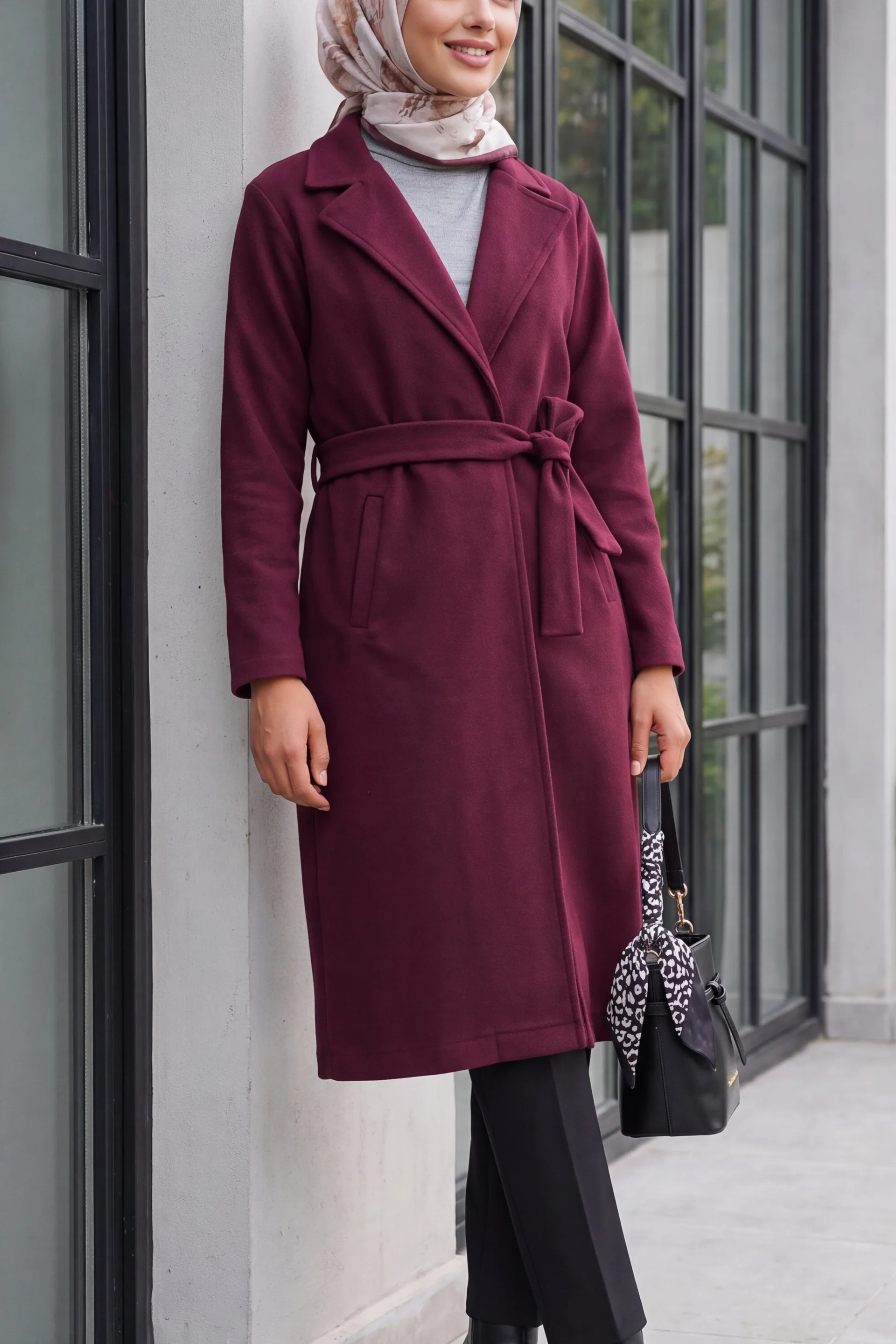 Burgundy Shawl Collar Belted Coat - Bigdart - by Peralane