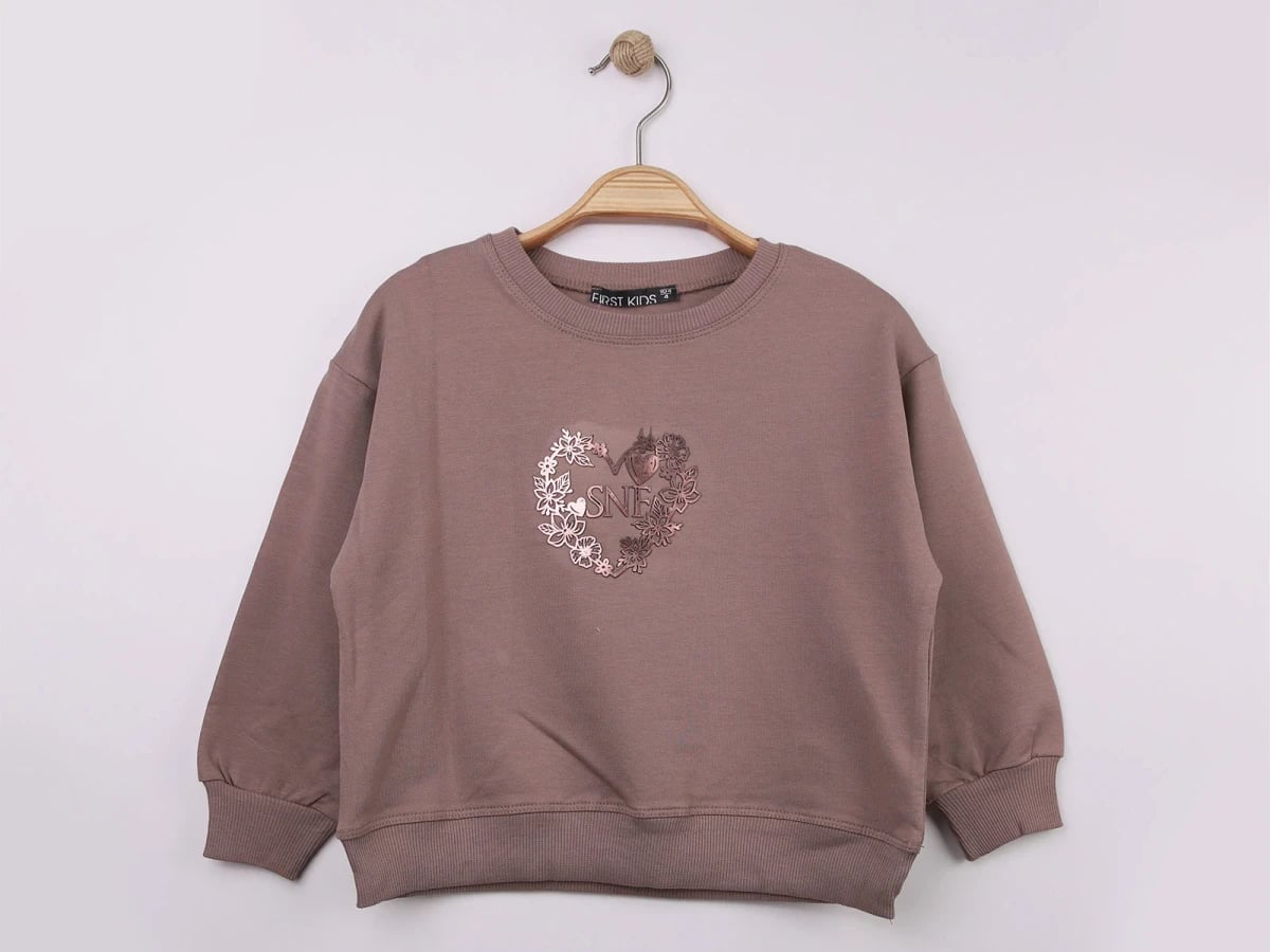 Girls' Rose Gold Heart Print Sweatshirt - Dark Brown - First Kids - by Peralane