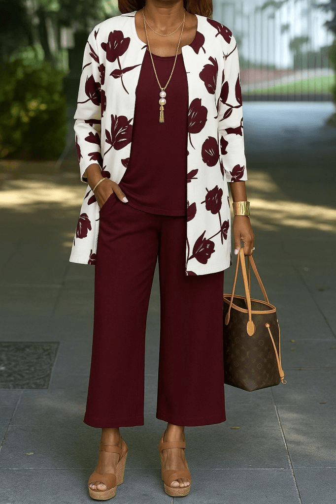 Women's Three-Piece Set: Open-Front Jacket, Sleeveless Blouse, and Trousers - Janes - by Peralane