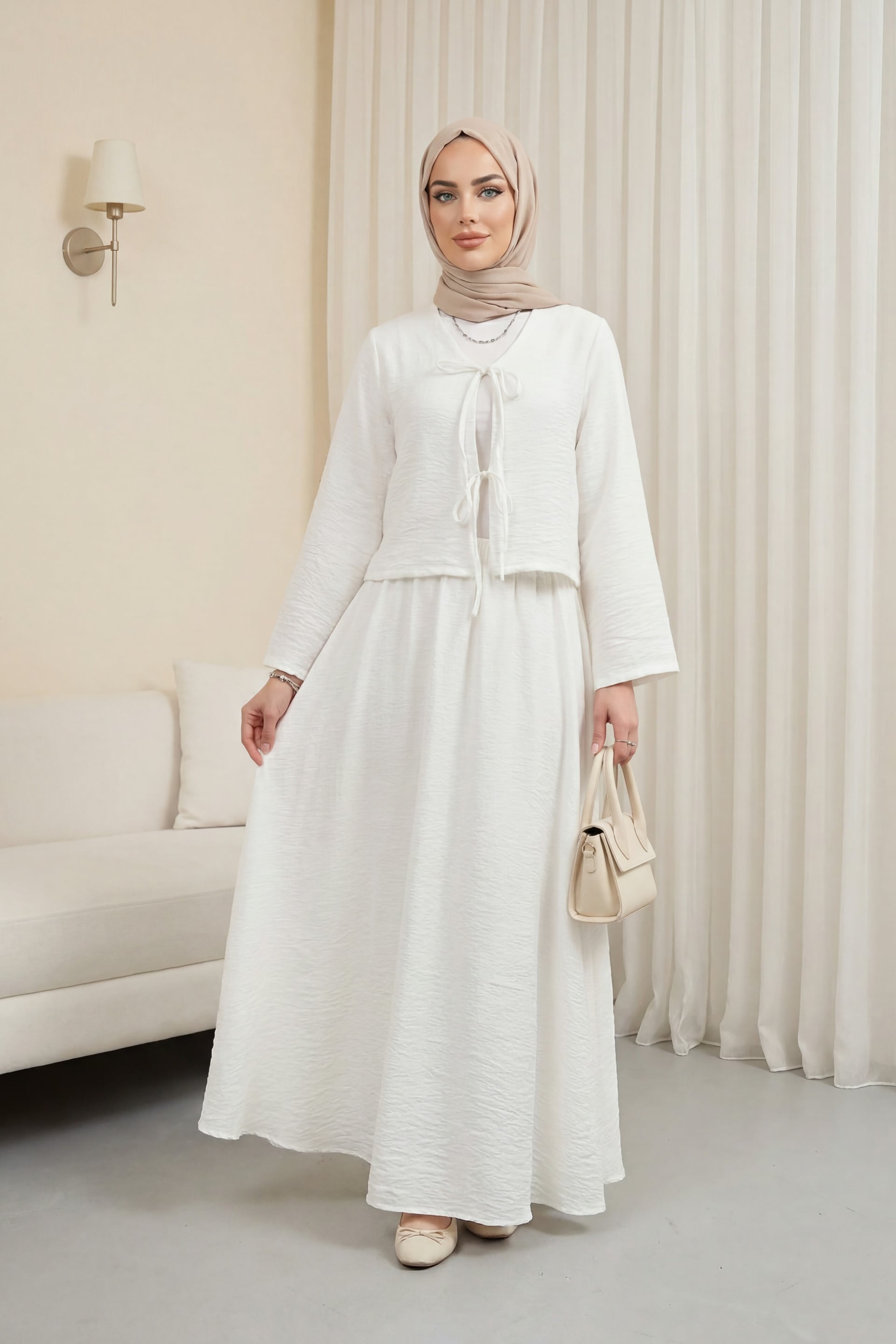 White Crinkle Kimono Two-Piece Set with Lined Skirt for Women - Podyumplus - by Peralane - photo 4