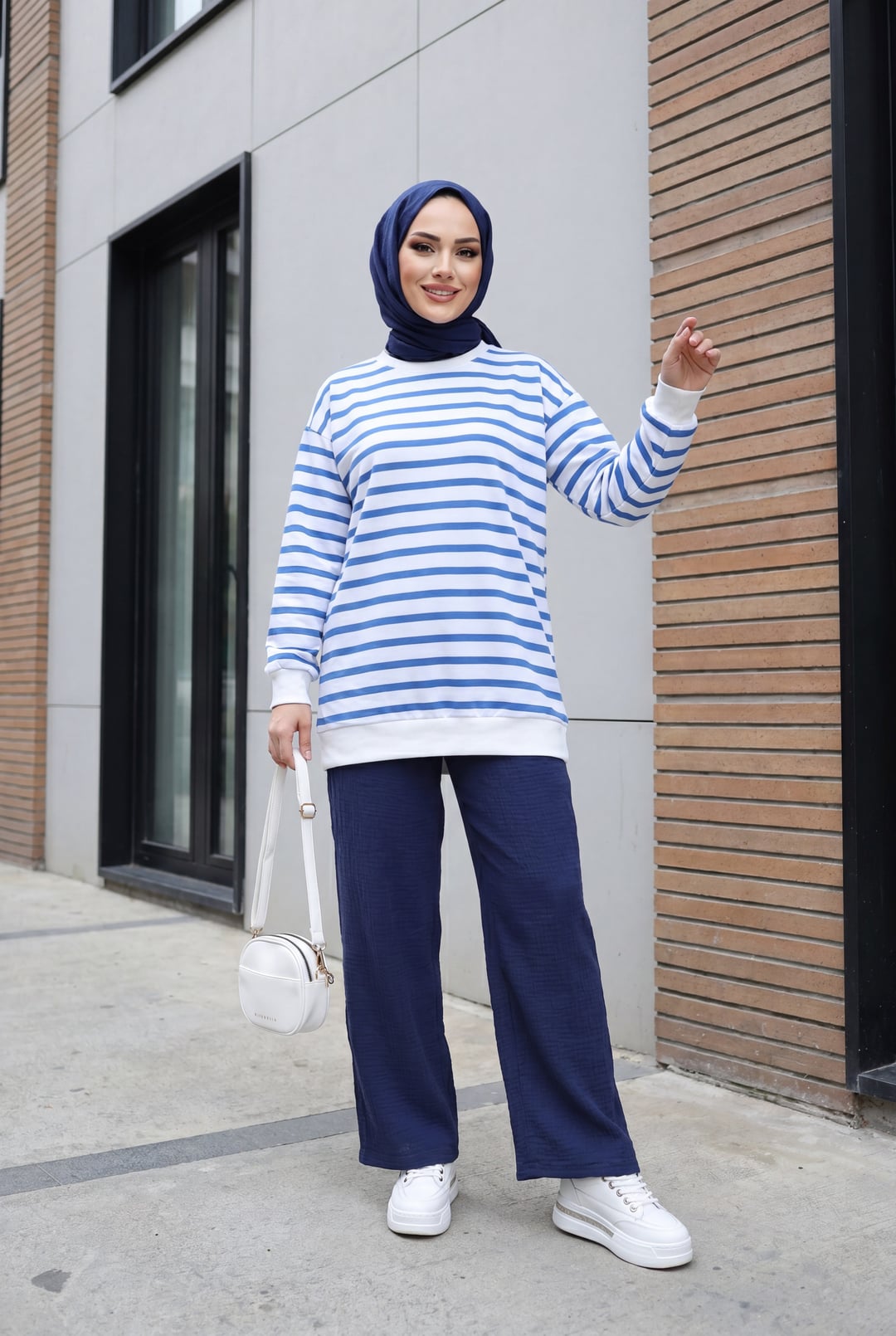 Drawstring Detail Pocketed Elasticated Waist Muslin Trousers - Navy - Podyumplus - by Peralane - photo 4