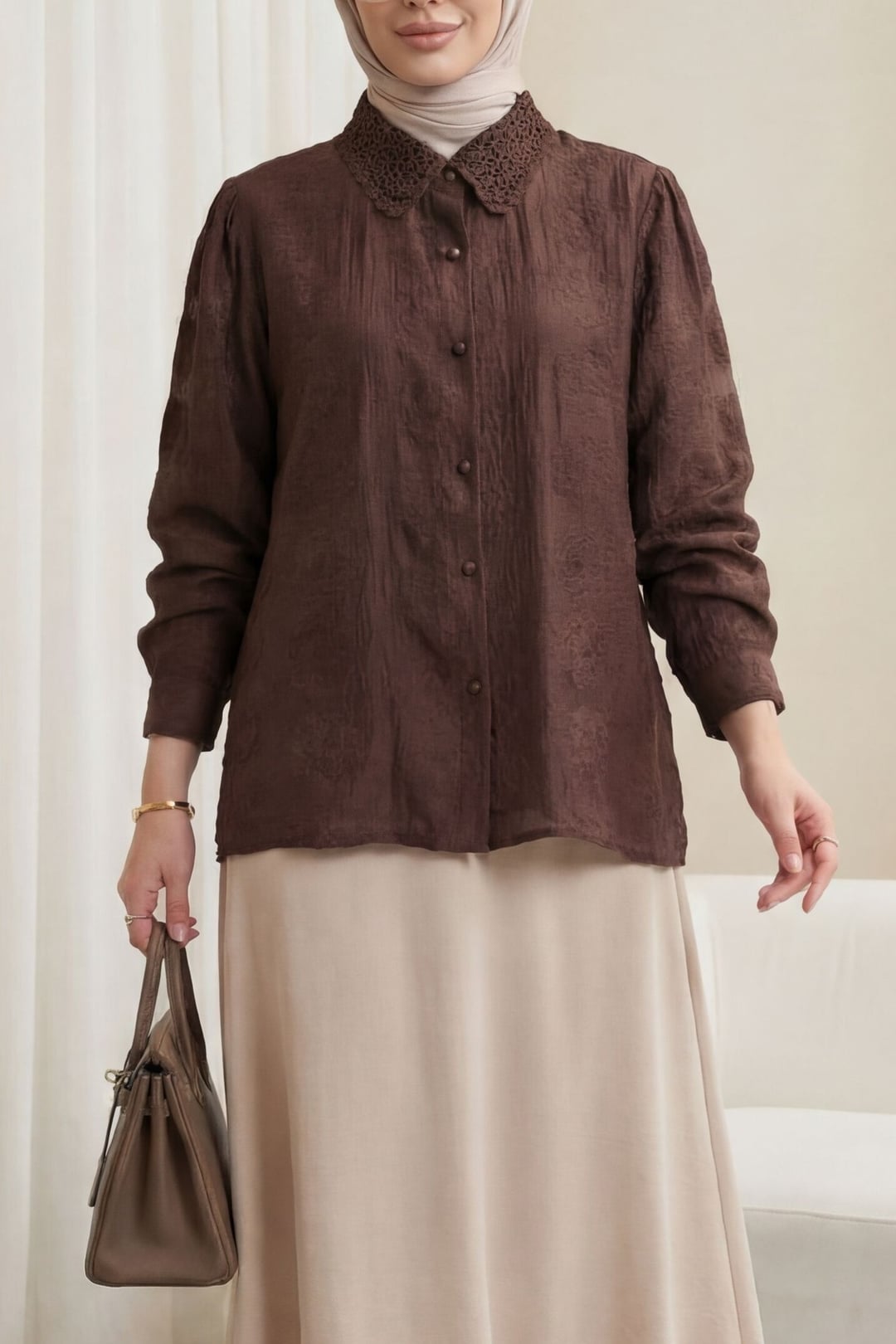 Brown Lace Collar Jacquard Blouse with Button Placket - Podyumplus - by Peralane