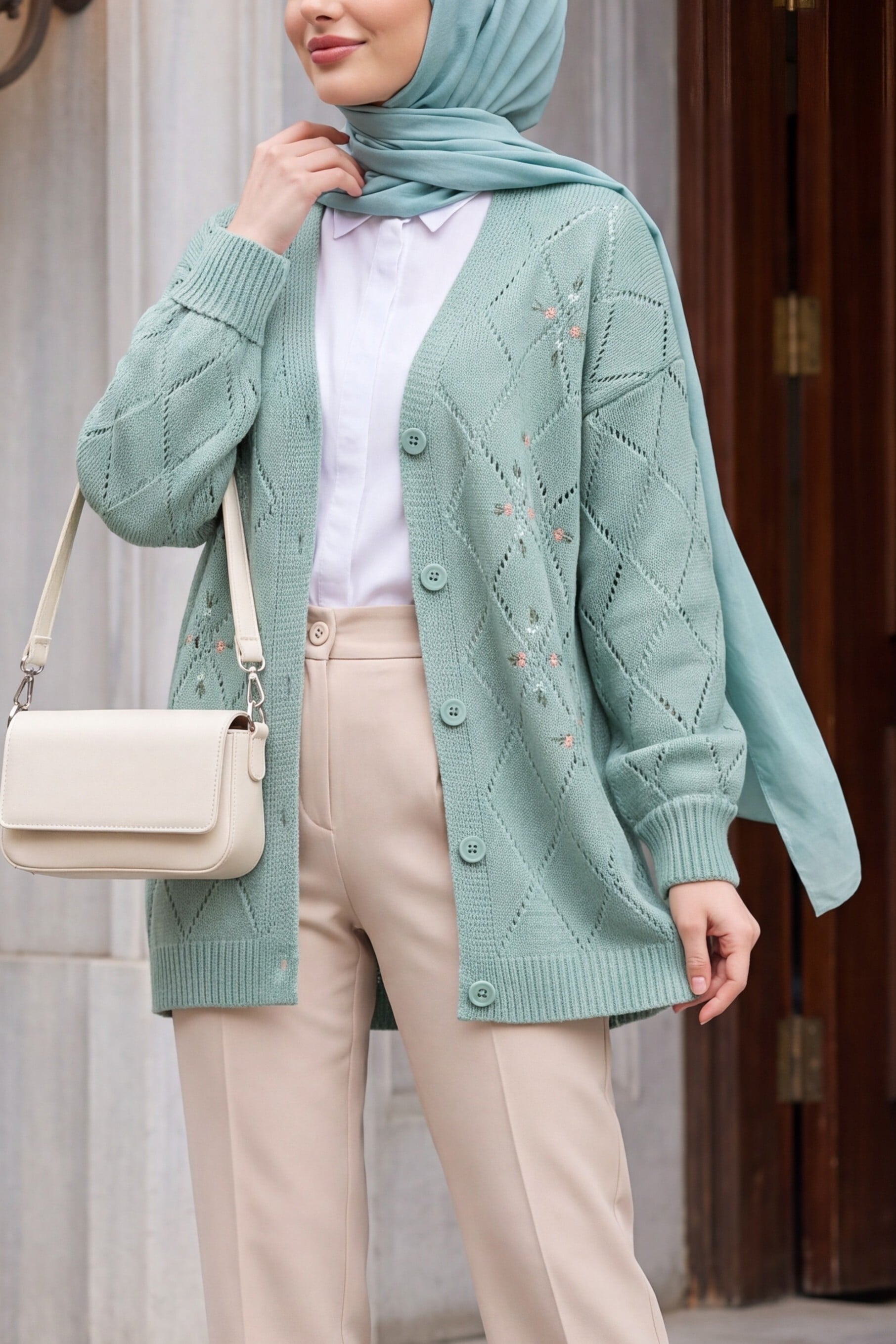 Mint Green Open-Knit Floral Embroidered Cardigan for Women - Podyumplus - by Peralane