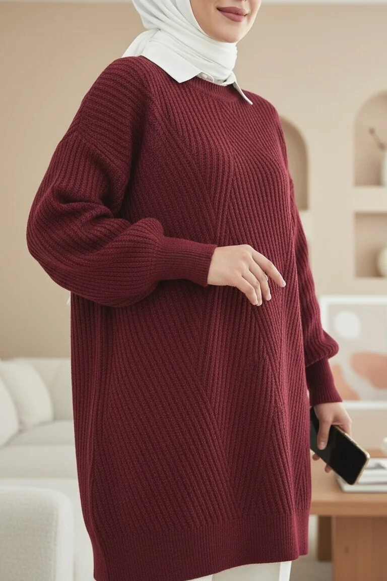 Burgundy Ribbed Knit Tunic with Contrast Collar - Podyumplus - by Peralane - photo 3