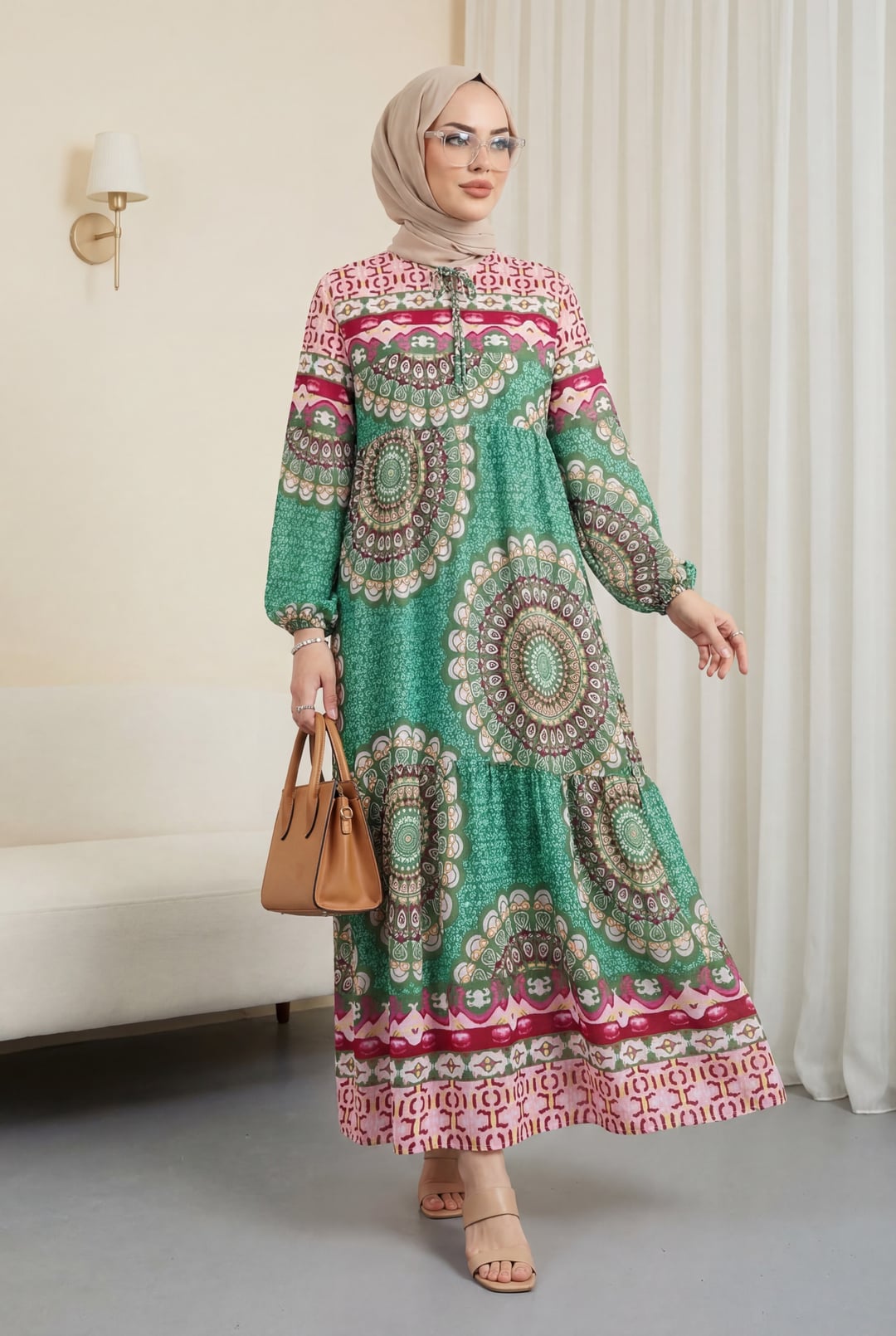 Green Geometric Patterned Tie-Front Maxi Dress - Podyumplus - by Peralane - photo 2