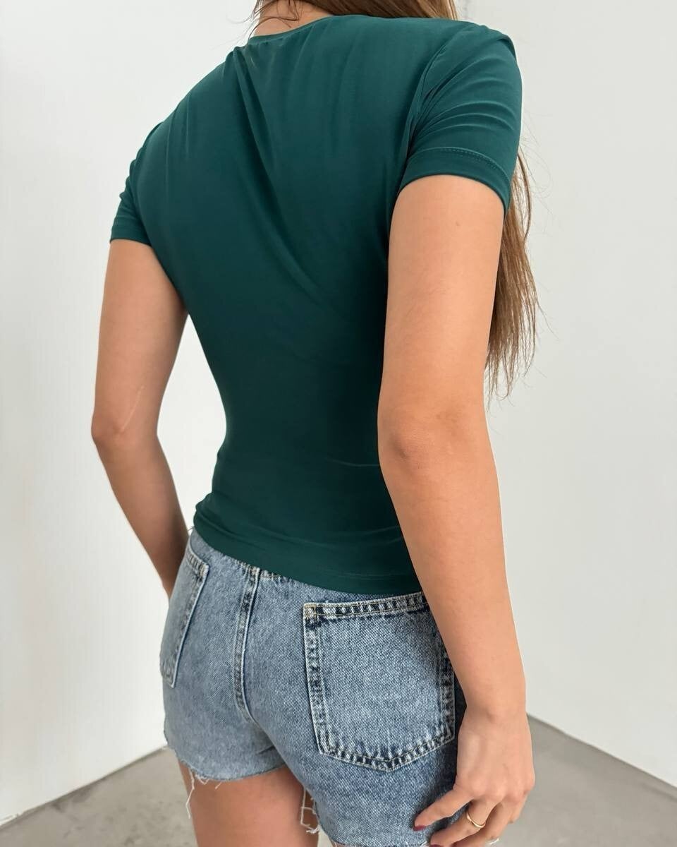 Cross Ruched Short Sleeve Sandy Blouse - Emerald - Podyumplus - by Peralane - photo 4