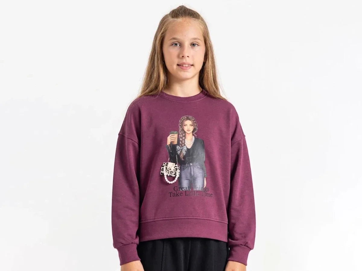 Girls Printed Sweatshirt with Stone Detail - Plum - ÖZ Bebe - by Peralane