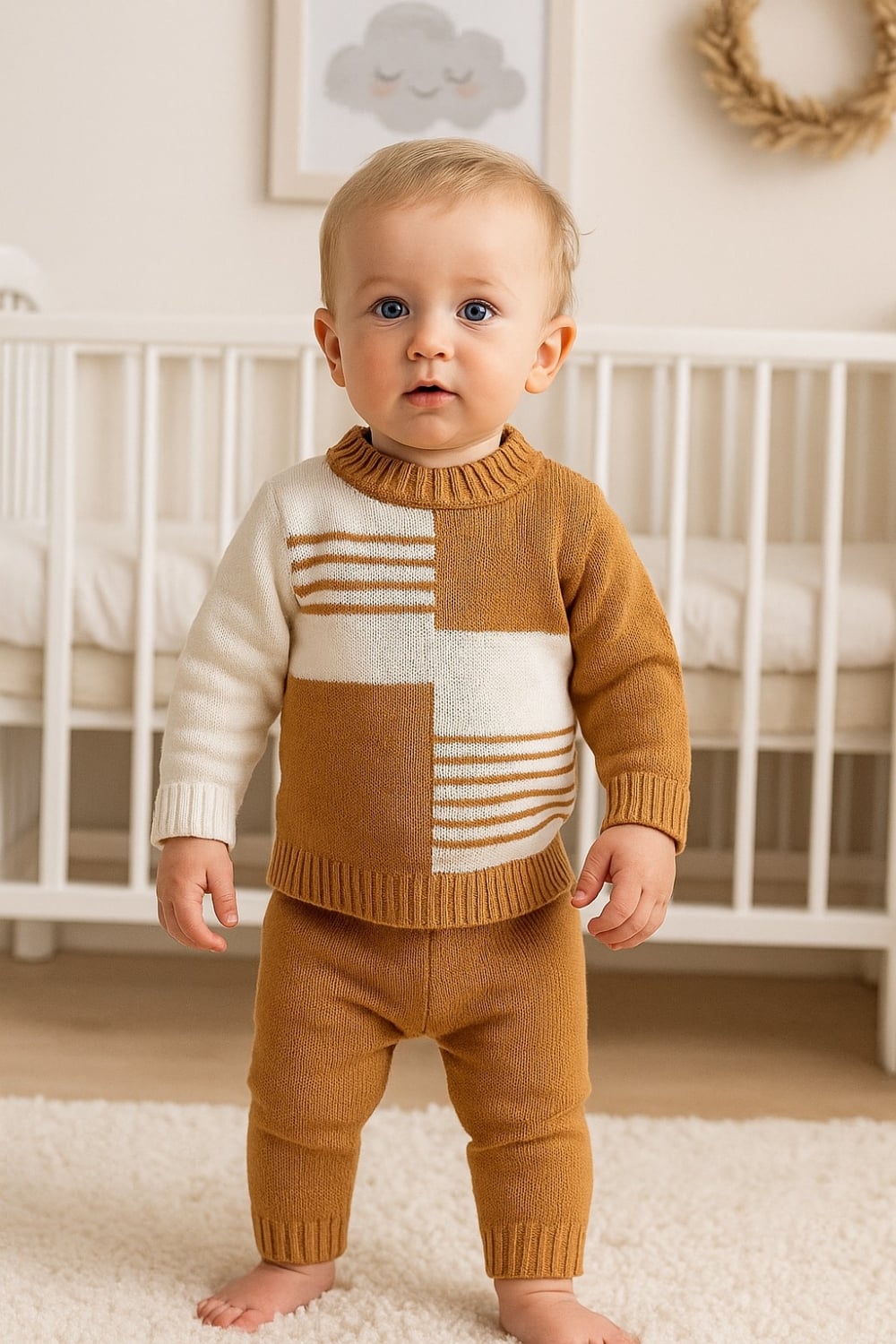 Knitted Baby Boy 2-Piece Set with Pattern - Brown - Has Bereket - by Peralane