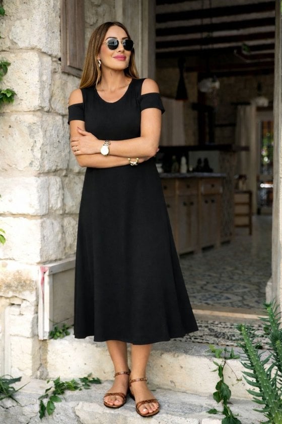 Women's Black Cold-Shoulder Midi Viscose Dress - Janes - by Peralane
