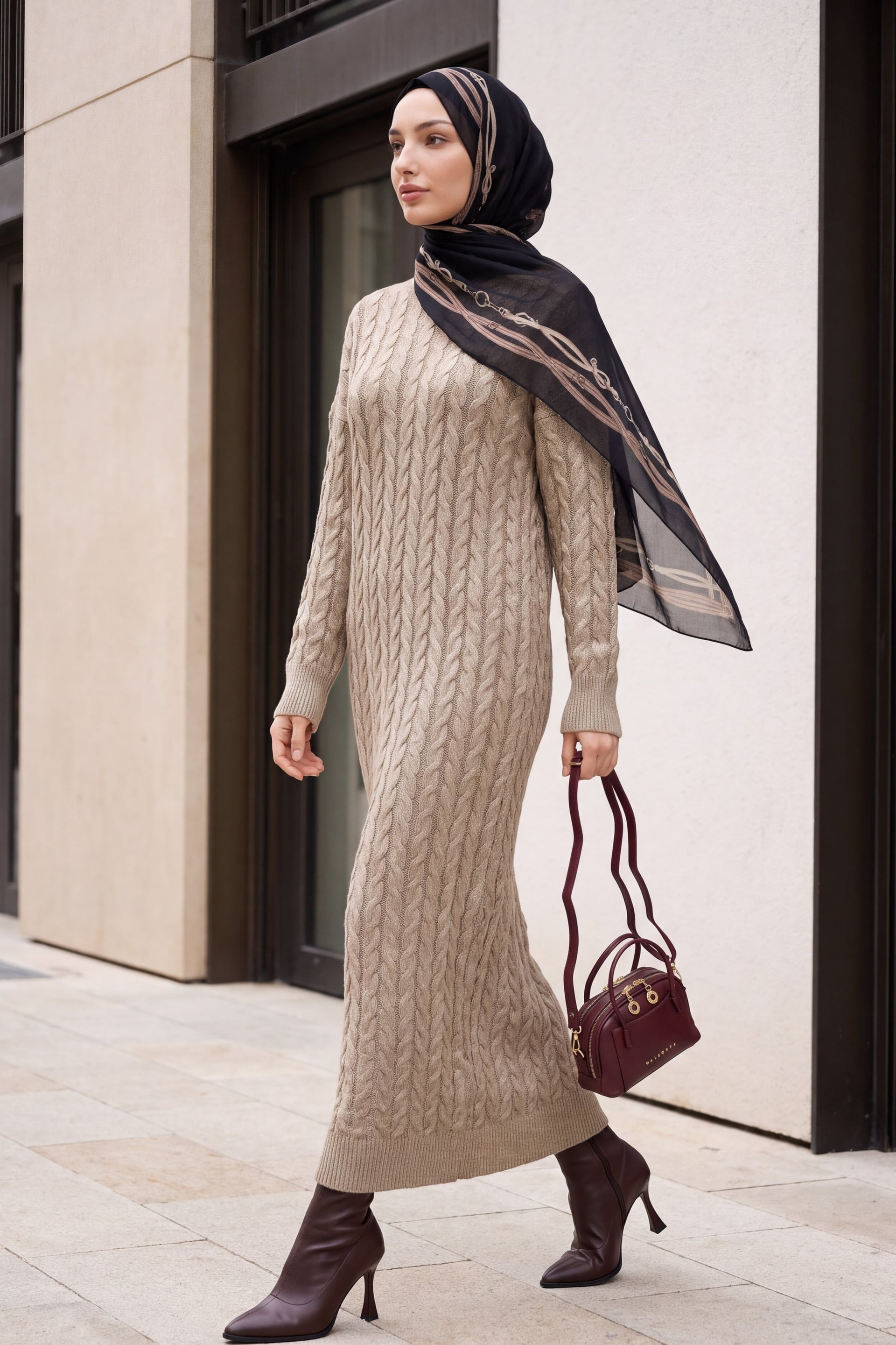 Cable Knit Sequin Knit Dress - Mink - Podyumplus - by Peralane - photo 2