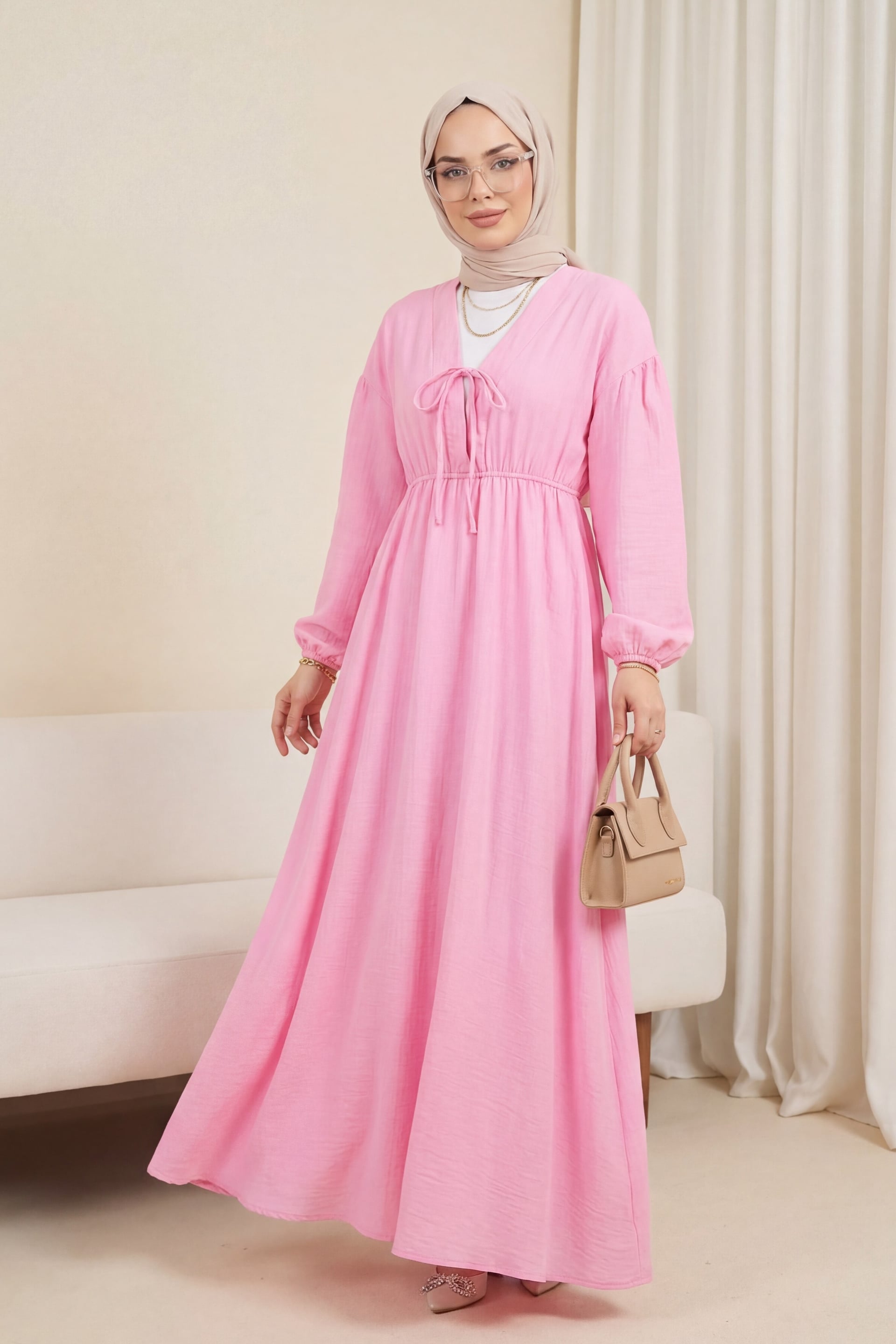 Pink Drawstring Tie Neck Muslin Dress with Puffed Sleeves - Podyumplus - by Peralane