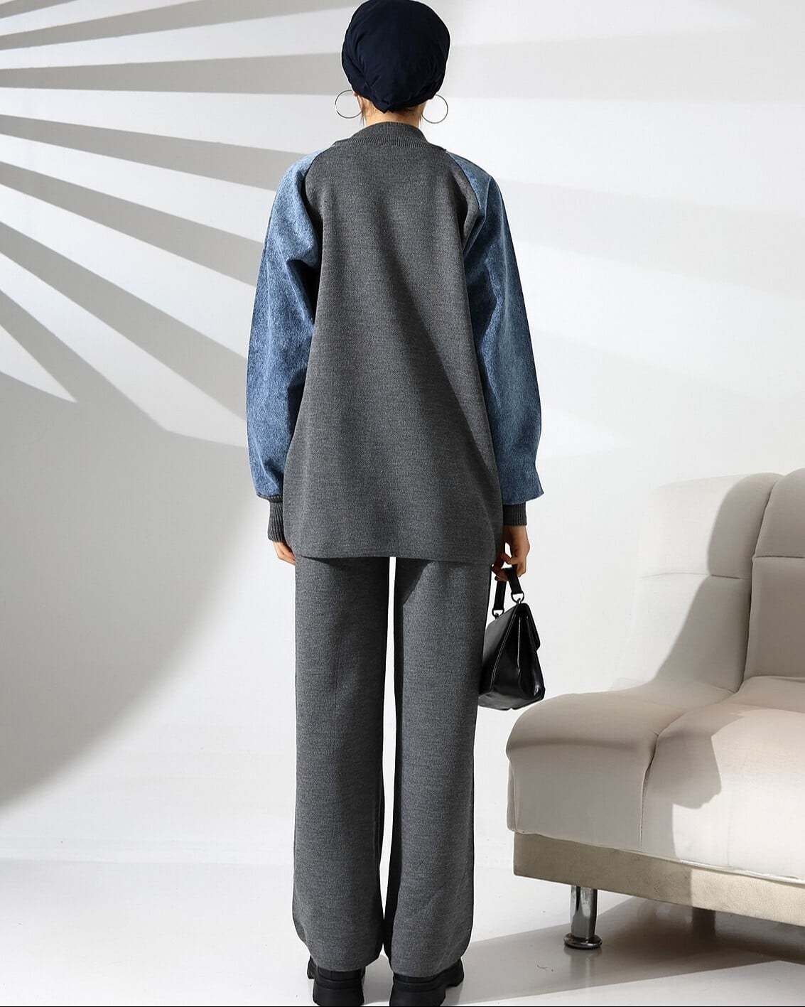 Elasticated Waist Knit Loungewear Set with Denim Details - Charcoal Grey - Podyumplus - by Peralane - photo 4