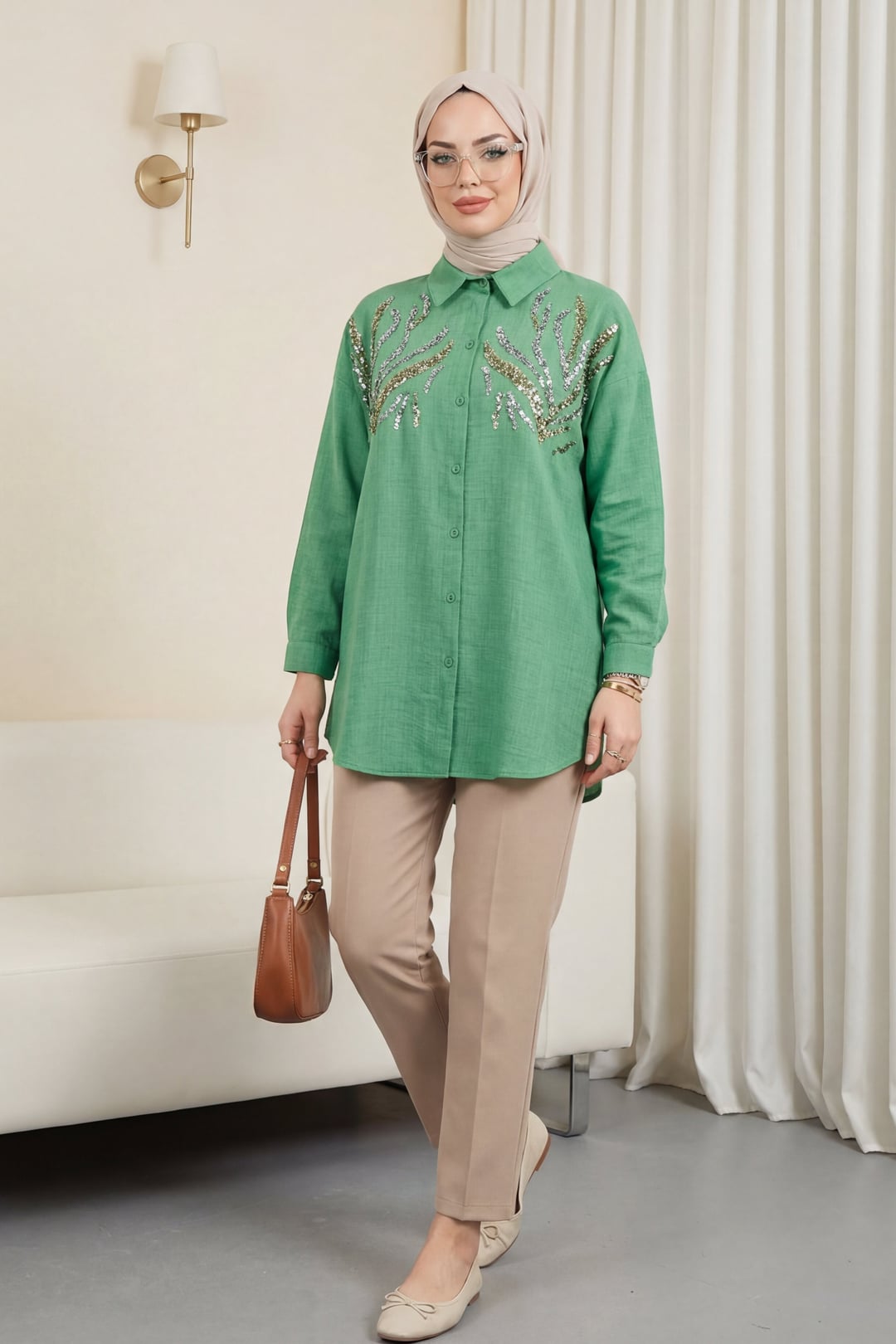 Paillette Sequin Front Button-Down Long Blouse - Forest Green - Podyumplus - by Peralane - photo 2