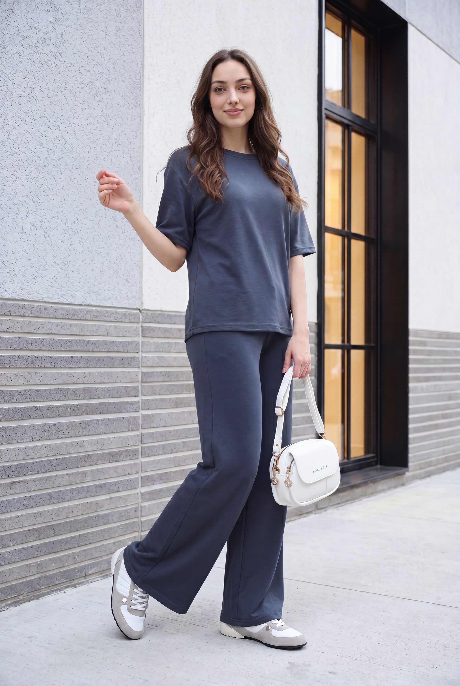 Crew Neck Short Sleeve T-Shirt and Wide Leg Drawstring Trousers Set in Smoke - Podyumplus - by Peralane