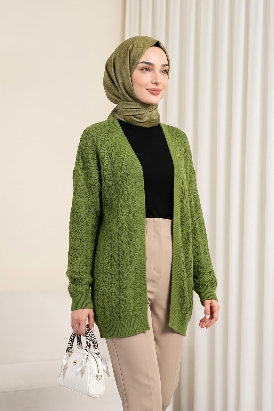 Openwork Patterned Oversized Knit Cardigan - Pistachio Green - Podyumplus - by Peralane - photo 2