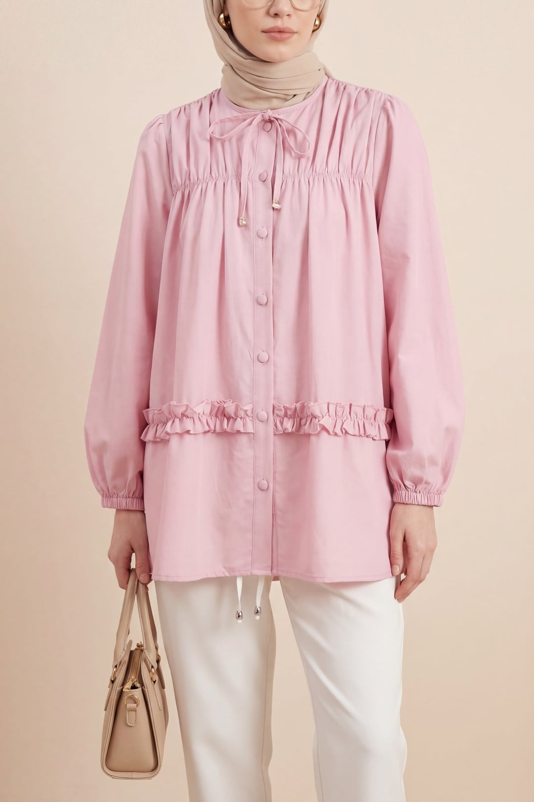 Pink Poplin Tunic with Tie-Neck, Gathered Yoke and Ruffled Hem - Podyumplus - by Peralane - photo 3