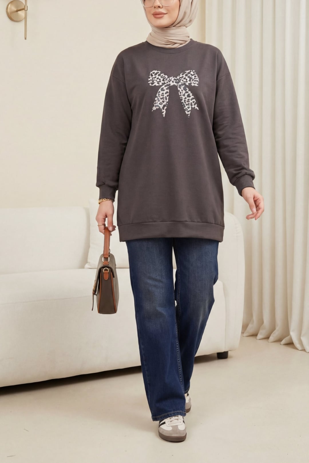 Women's Round Neck Bow Print Relaxed Tunic - Brown - Podyumplus - by Peralane - photo 5