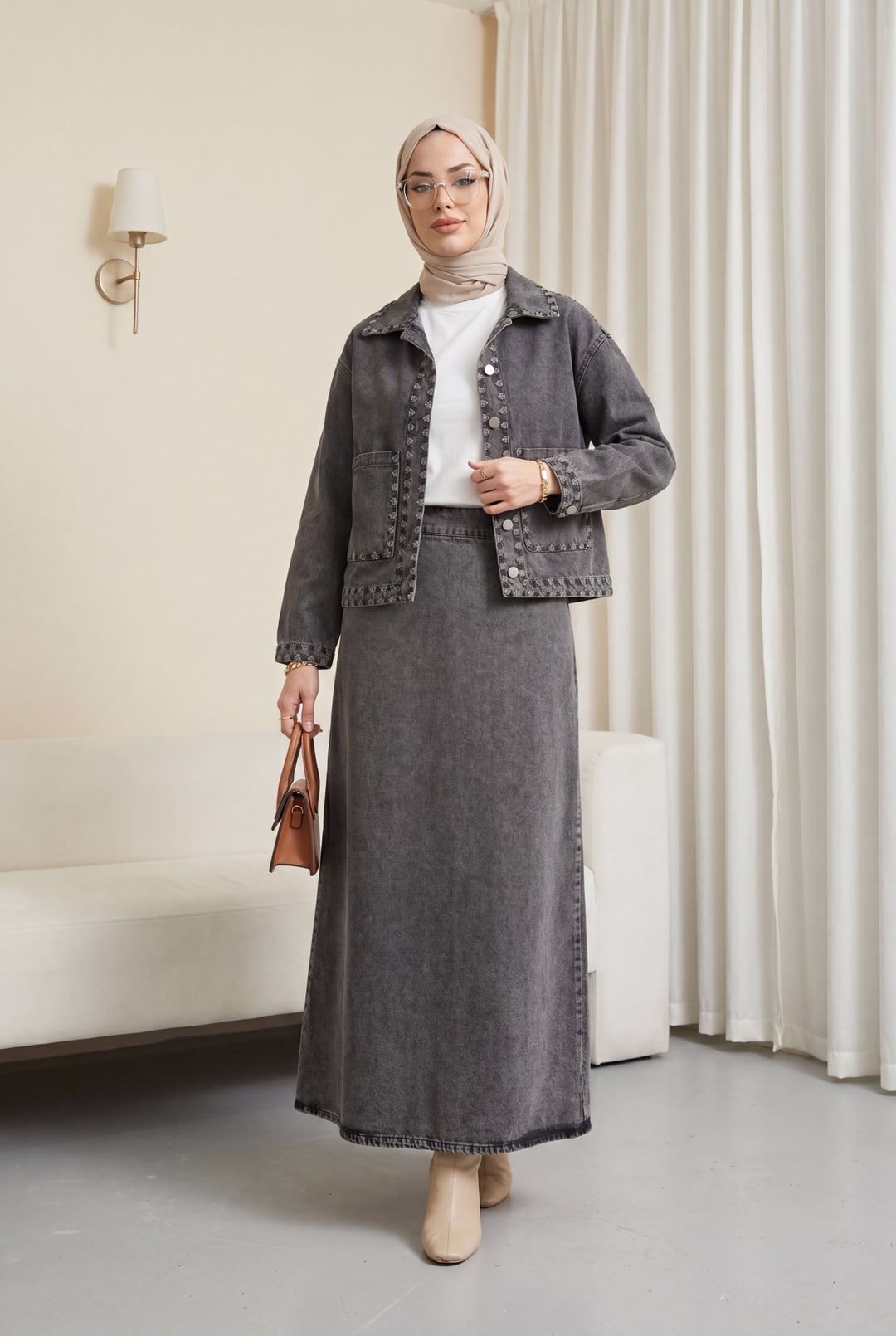Embroidered Denim Two-Piece Jacket and Skirt Set - Dark Grey - Podyumplus - by Peralane - photo 3