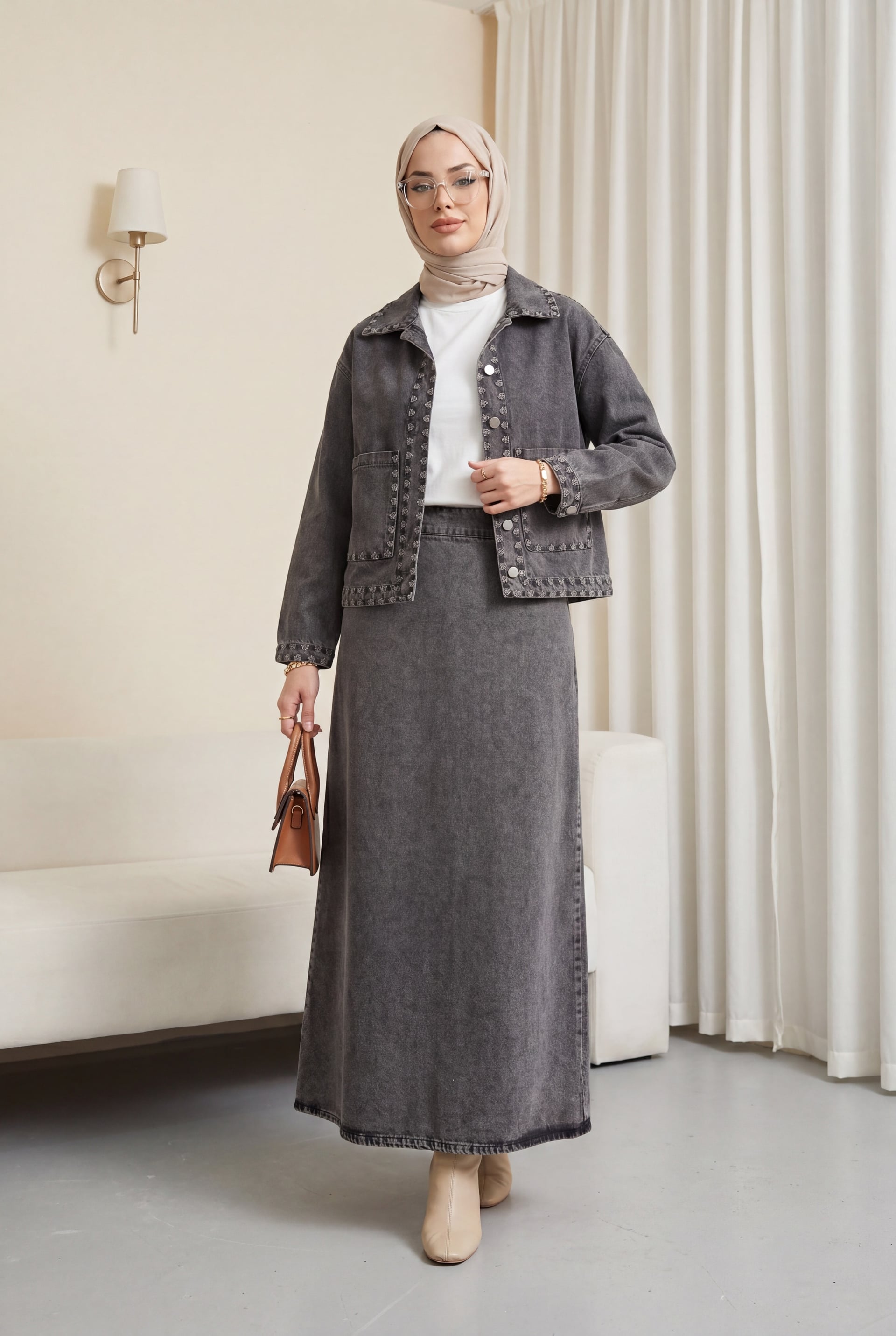 Embroidered Denim Two-Piece Jacket and Skirt Set - Dark Grey - Podyumplus - by Peralane - photo 3