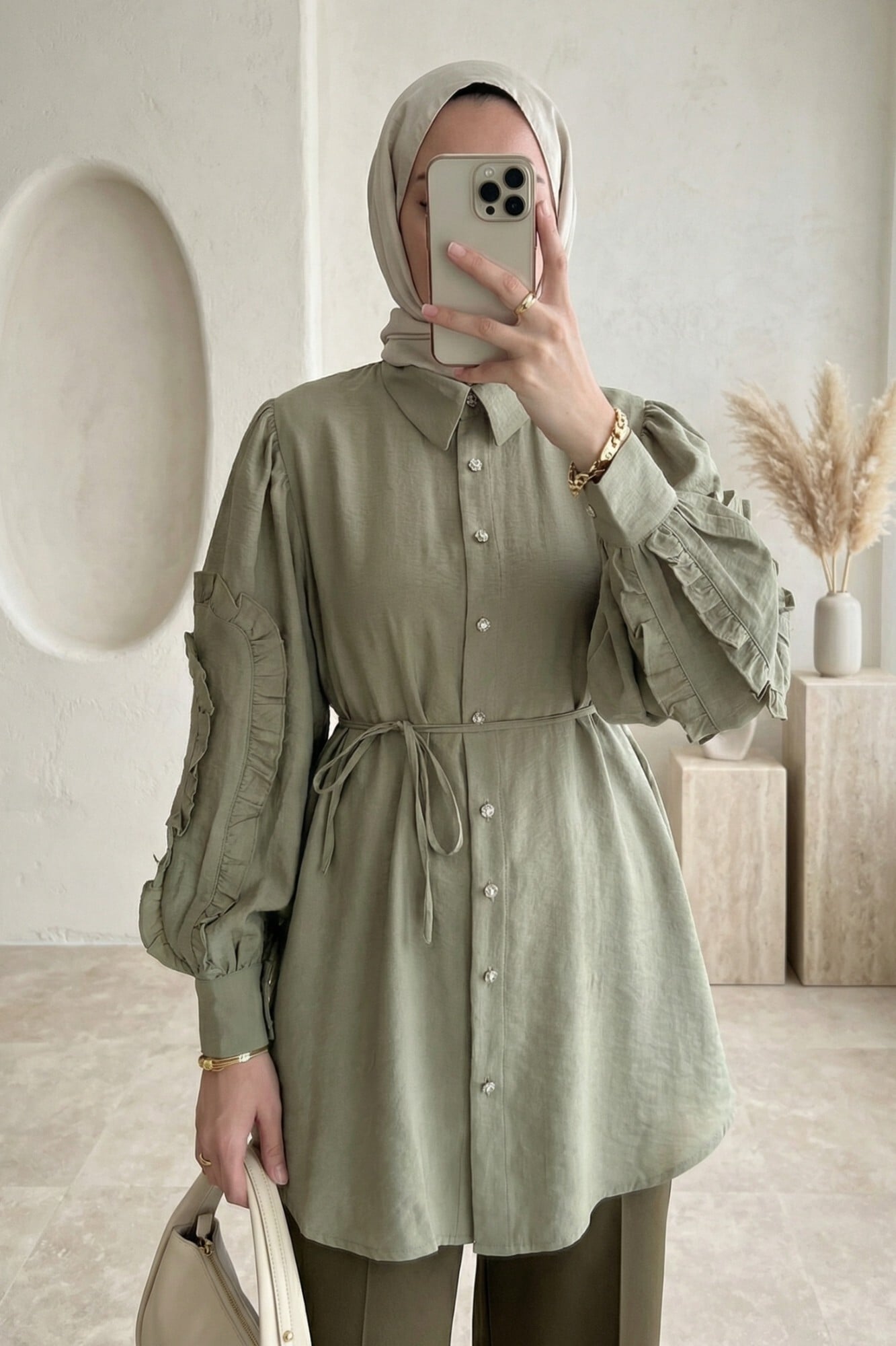 Women's Ruffle Sleeve Stone Button Tie-Front Shirt - Khaki - Podyumplus - by Peralane - photo 4
