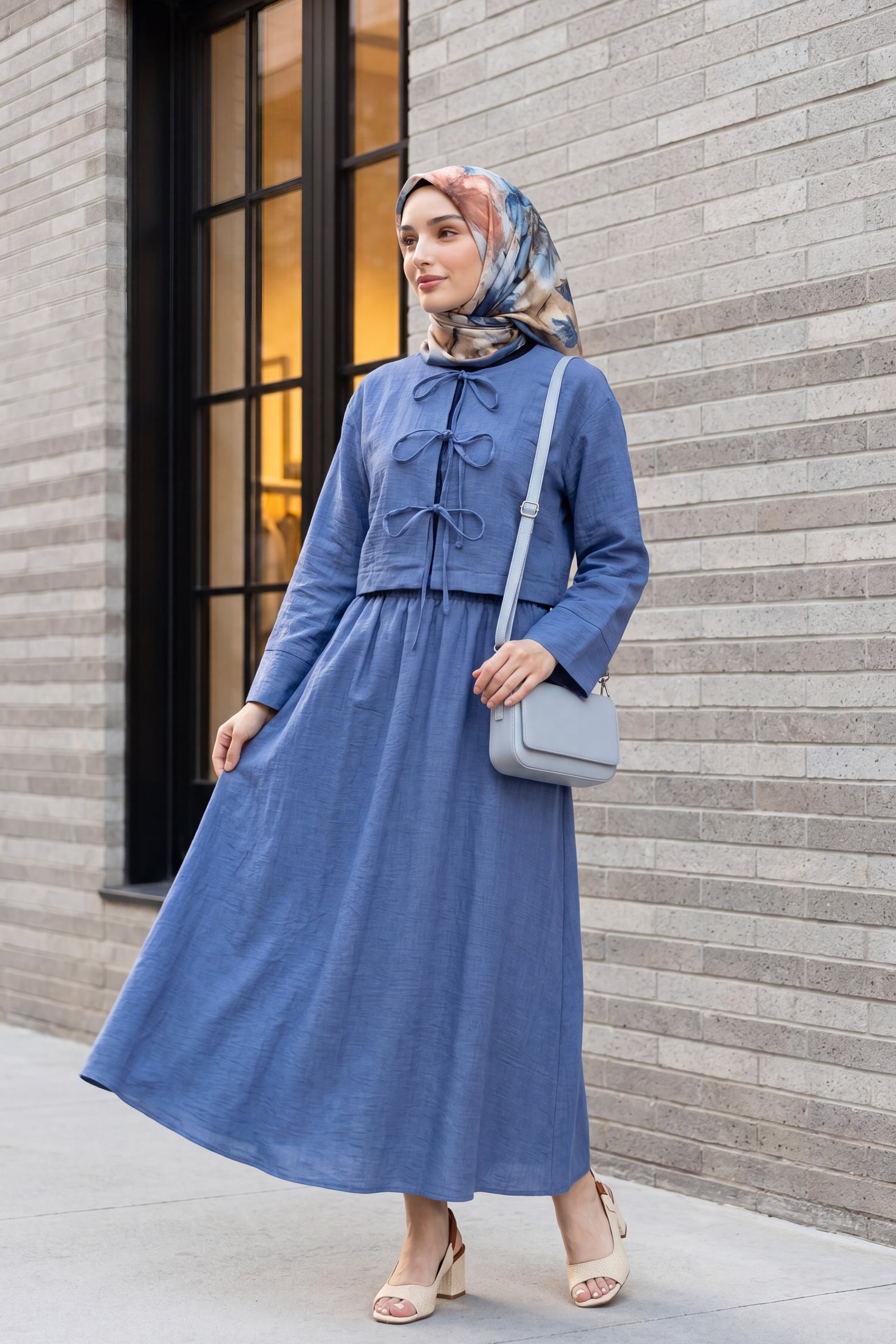 Blue Tie-Front Waistband Flared Linen Look Women's Set - Podyumplus - by Peralane - photo 3