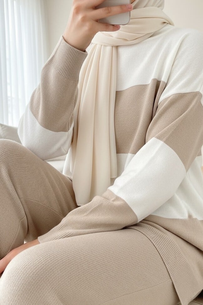 Half-Collar Striped Knit Set - Stone - Podyumplus - by Peralane - photo 2