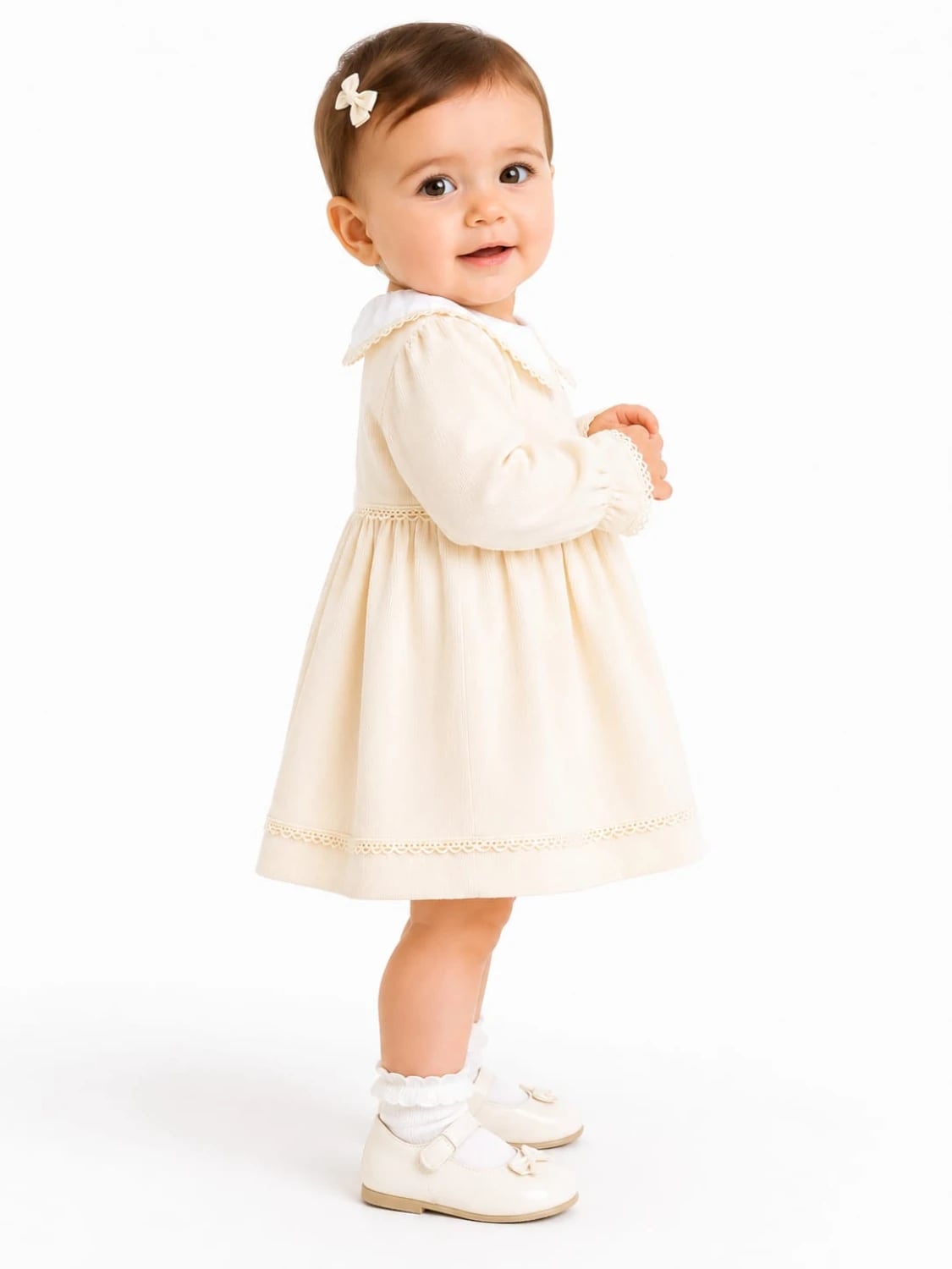 Baby Girl's A-Line Dress with Lace Peter Pan Collar - Beige - Serkon Baby - by Peralane