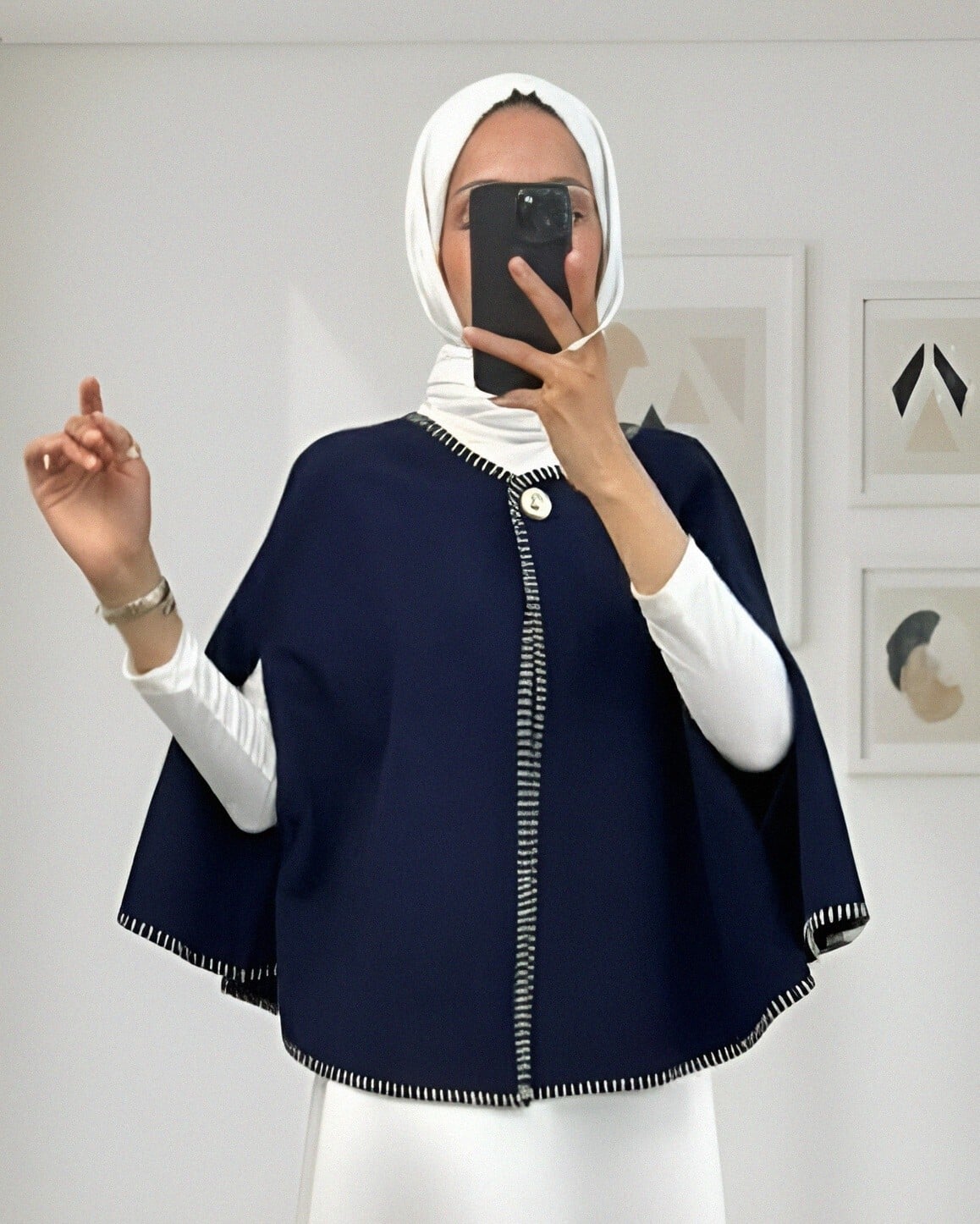 Navy Blue Wool Blend Pancho with Pockets - Podyumplus - by Peralane - photo 4