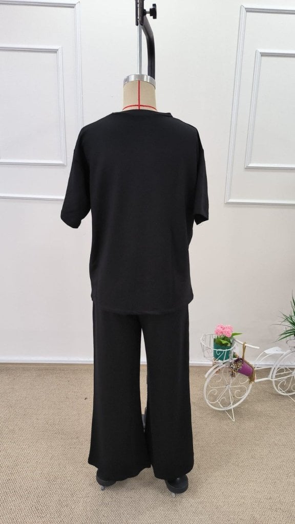 Women's Black Short Sleeve Round Neck Viscose Two-Piece Set with Blouse and Wide-Leg Trousers - Janes - by Peralane - photo 7