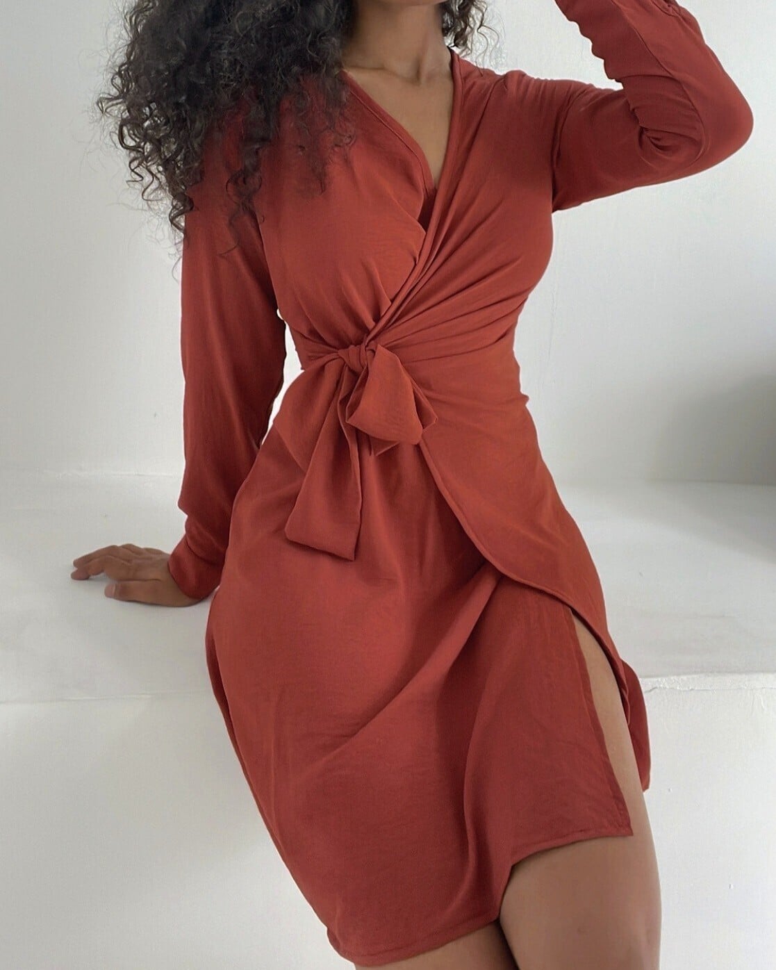 Wrap V-Neck Tie-Waist Tunic Dress in Rust - Podyumplus - by Peralane - photo 6