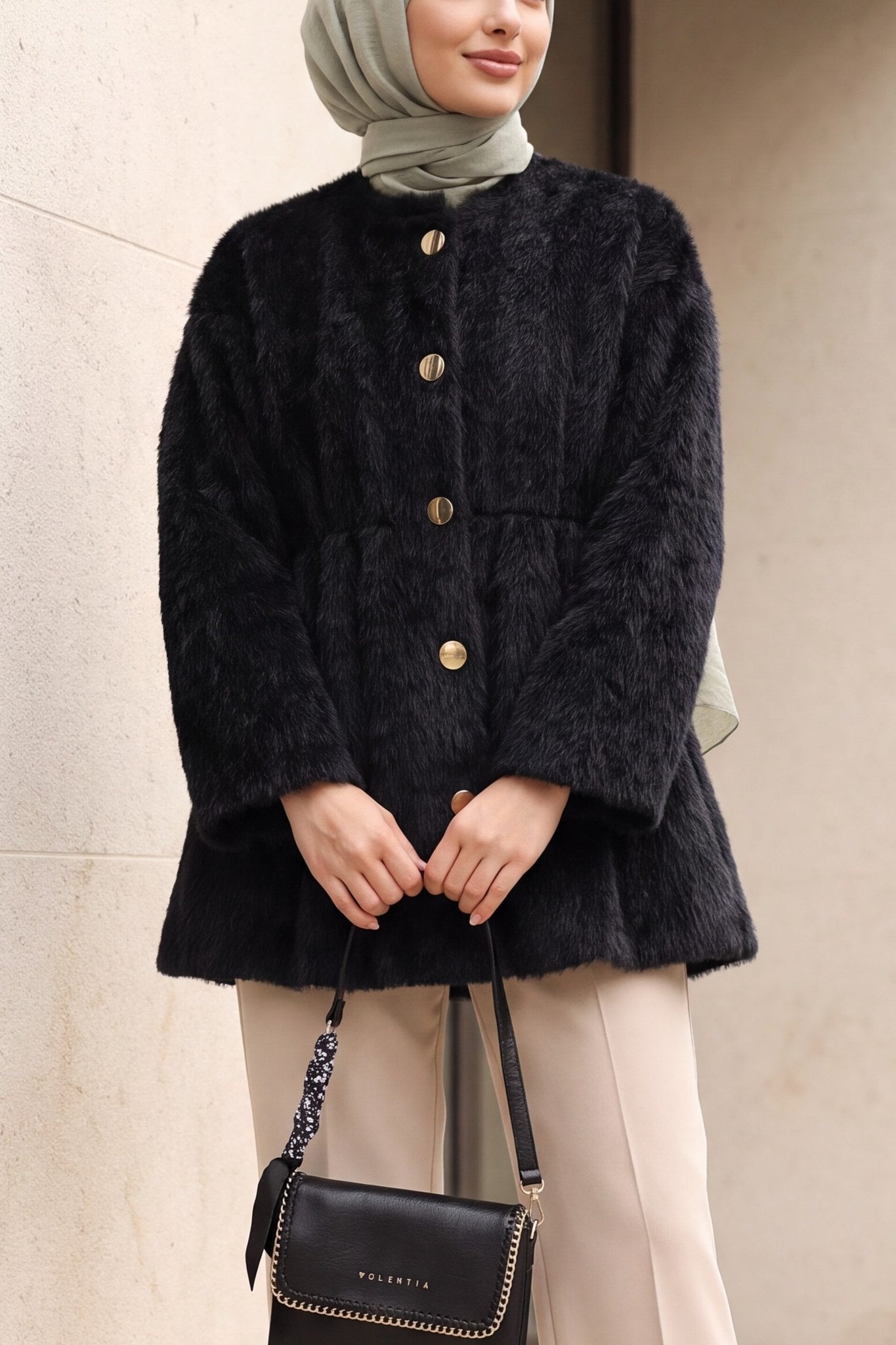 Black Faux Fur Peplum Jacket with Drawstring Waist - Podyumplus - by Peralane