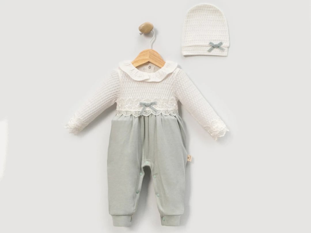 Lace Trim Baby Romper and Hat Set - Green - Cayzen - by Peralane