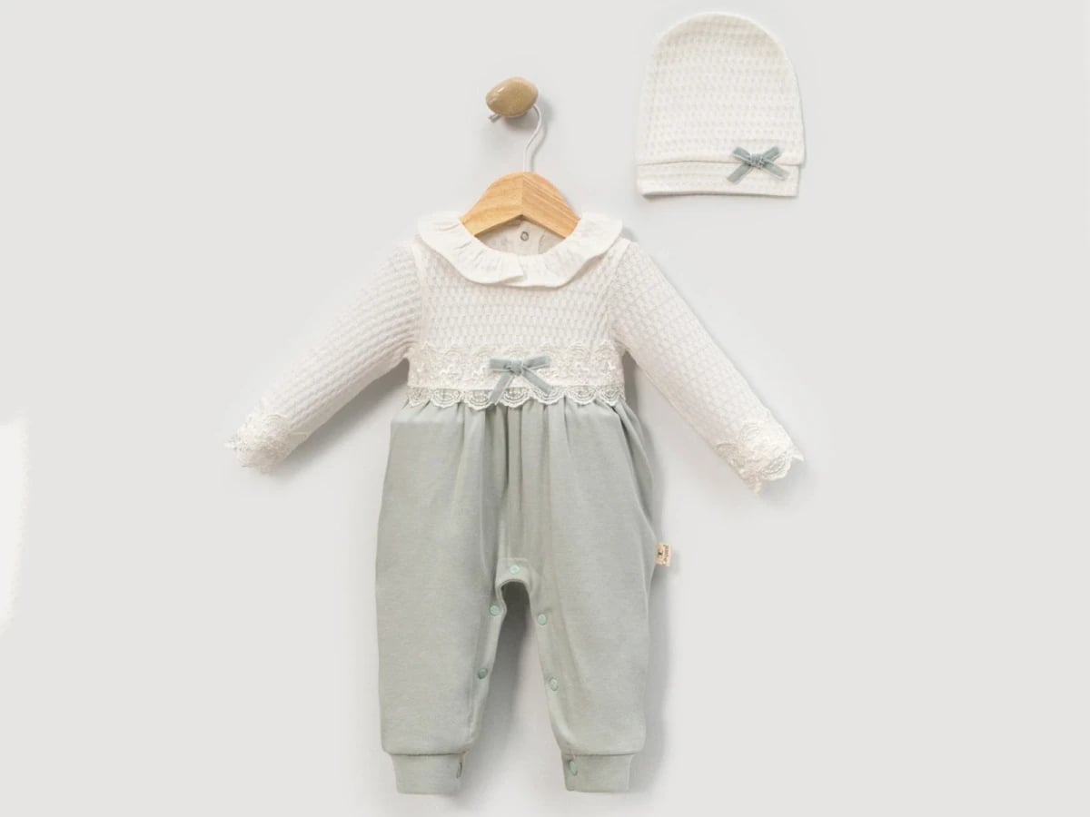 Lace Trim Baby Romper and Hat Set - Green - Cayzen - by Peralane