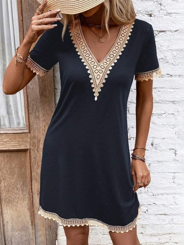 Women's Short-Sleeve V-Neck Lace Trim Viscose Short Dress - Black - Janes - by Peralane