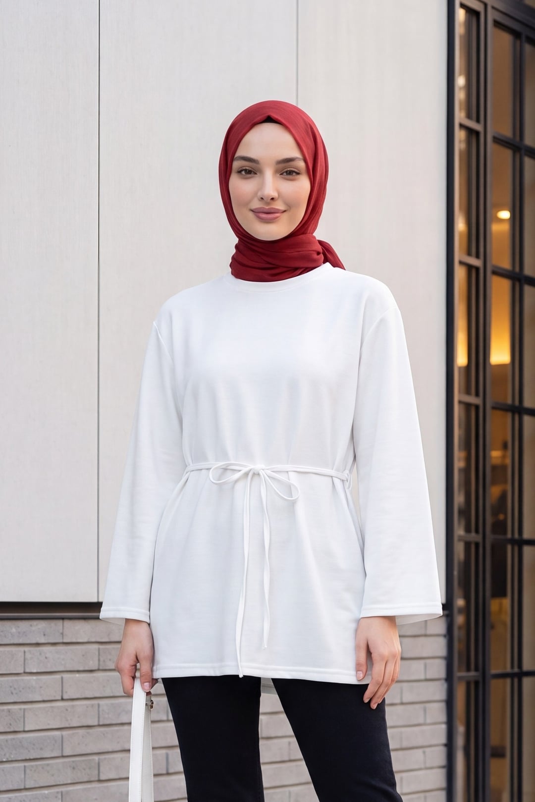 White Long-Sleeved Tie-Waist Knit Tunic - Podyumplus - by Peralane - photo 4