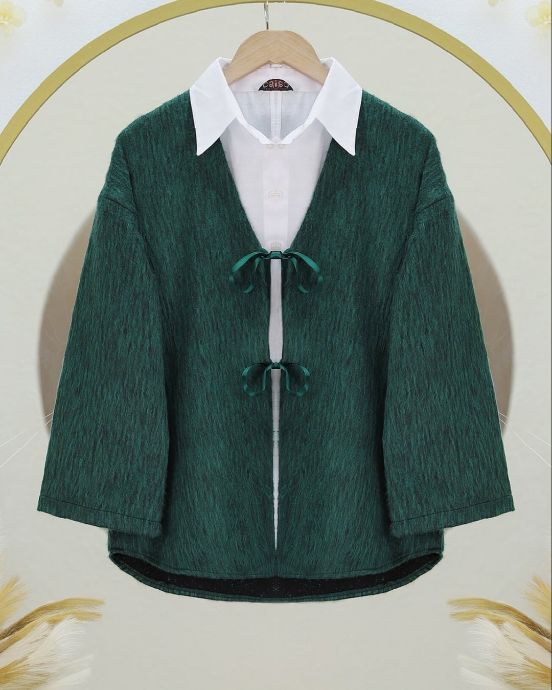 Dark Green Wrap Cardigan with White Shirt - Podyumplus - by Peralane - photo 3