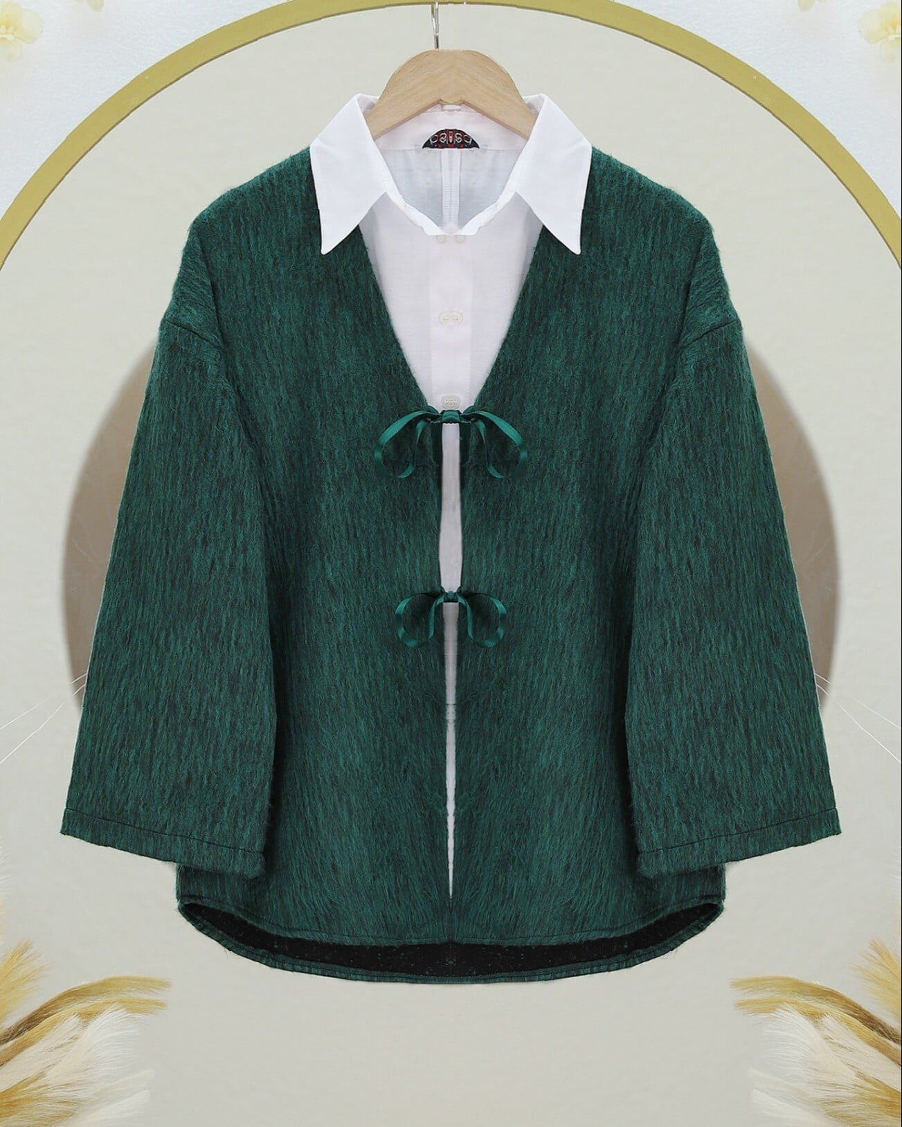 Dark Green Wrap Cardigan with White Shirt - Podyumplus - by Peralane - photo 3