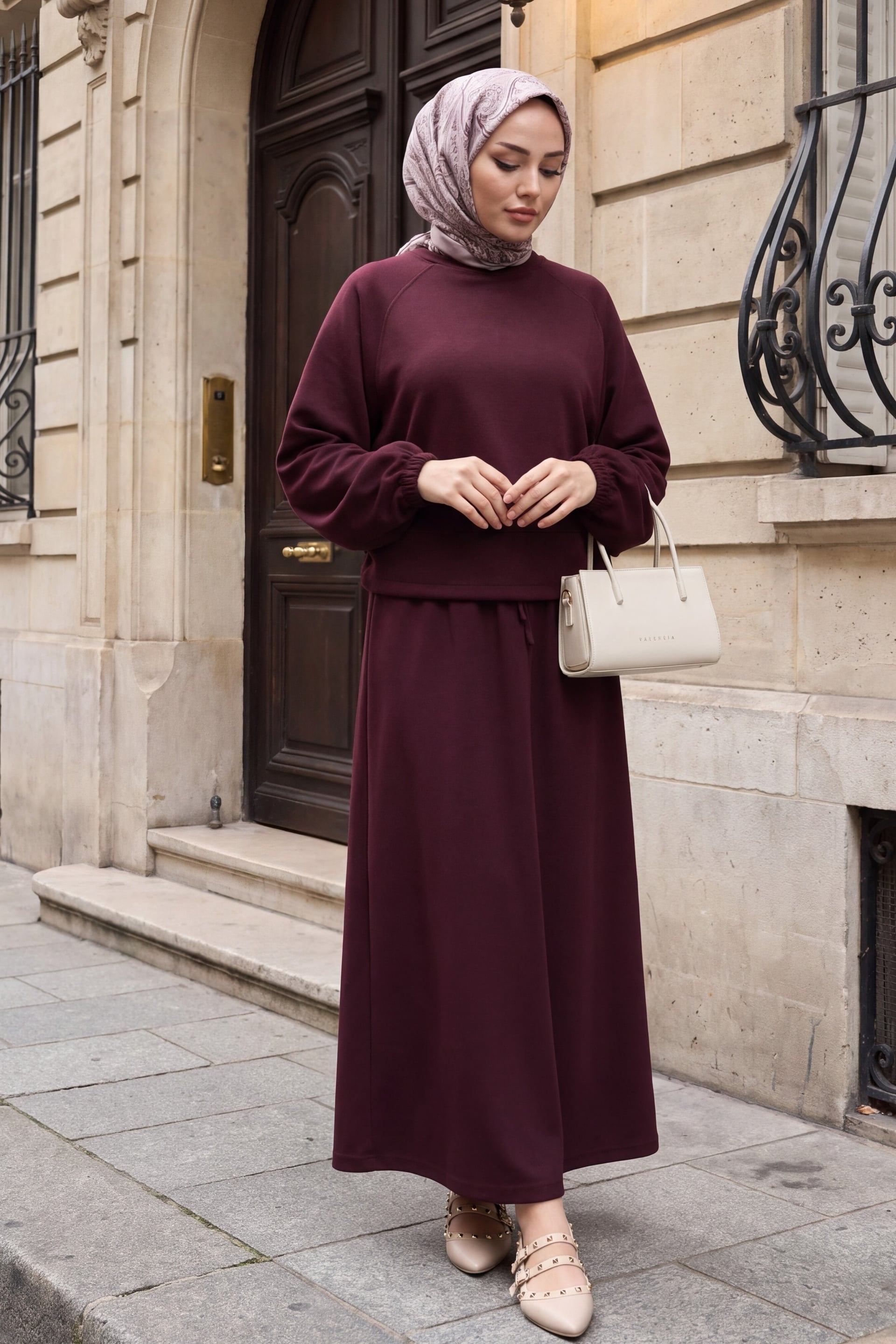 Burgundy Batwing Sleeve Crew Neck Skirt Set - Podyumplus - by Peralane - photo 3