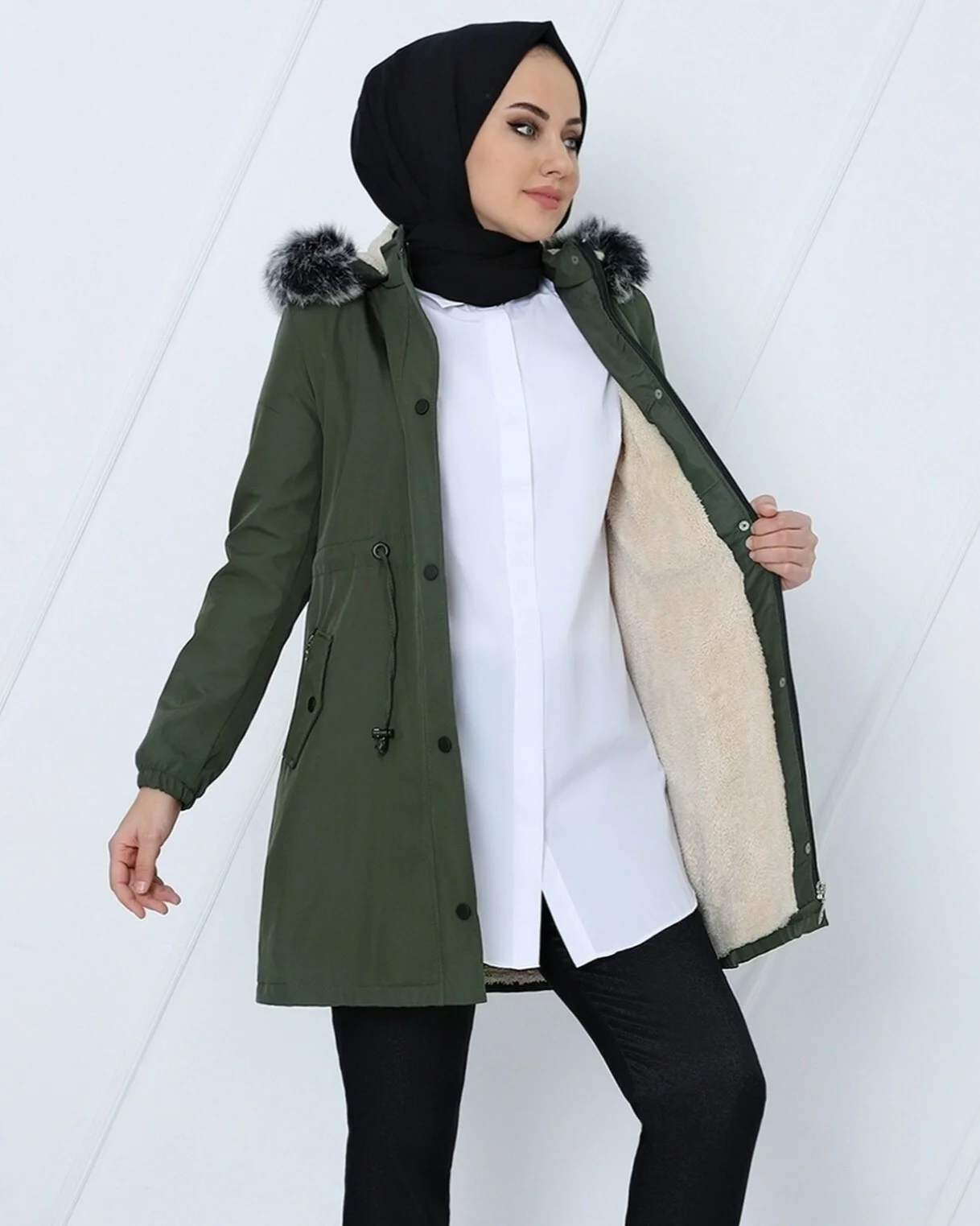 Khaki Hooded Short Coat with Faux Fur Trim and Pockets - Podyumplus - by Peralane - photo 5