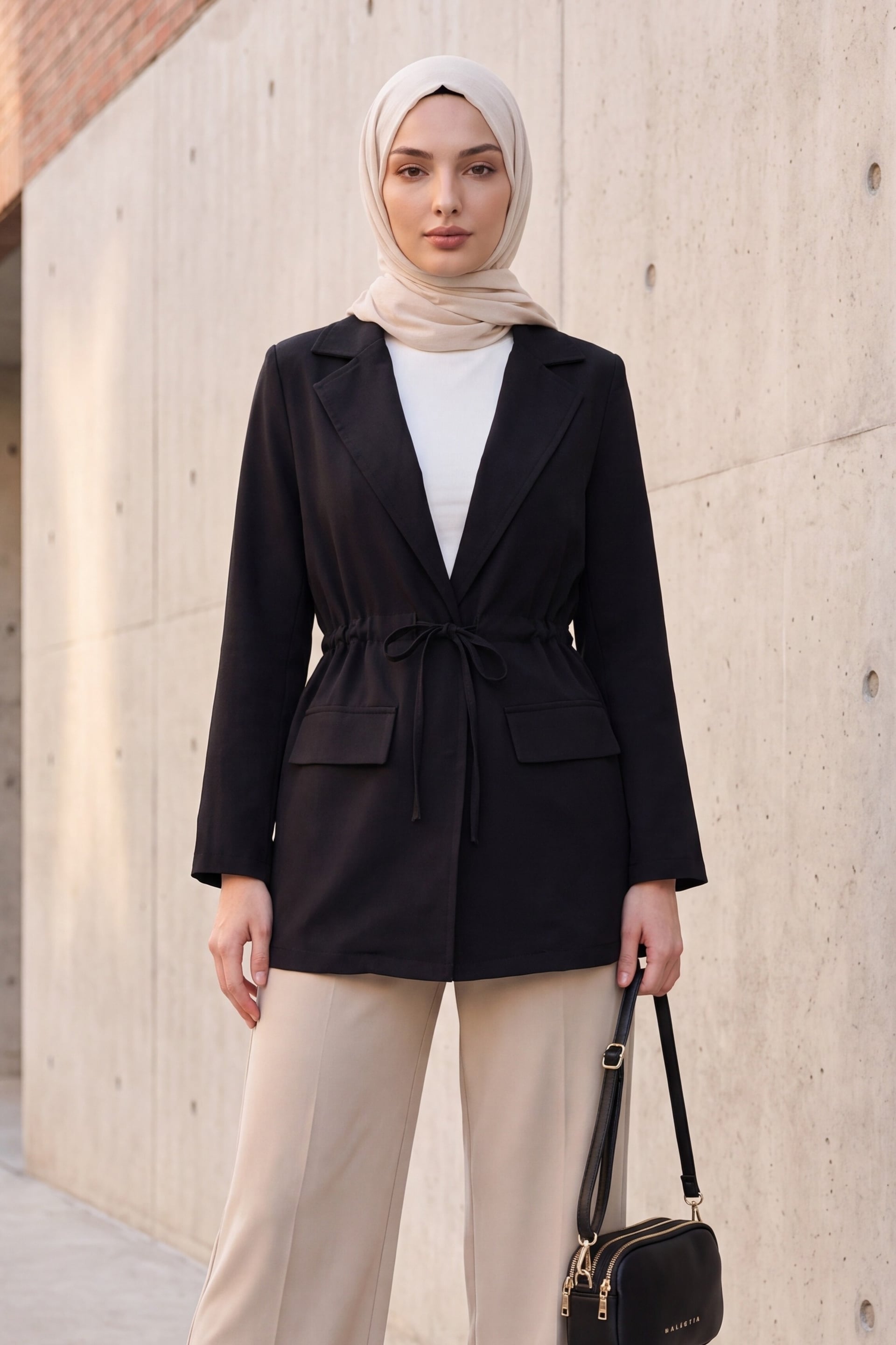 Tunnel Drawstring Pocket Detail Linen-Look Kimono - Black - Podyumplus - by Peralane - photo 4