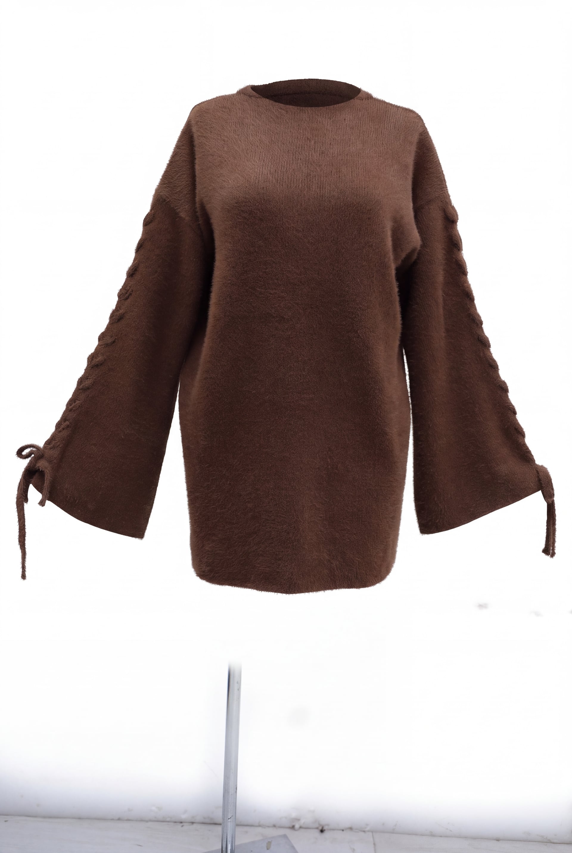 Brown Cable-Knit Biker Neck Tunic with Braided Sleeve Details - Podyumplus - by Peralane - photo 6