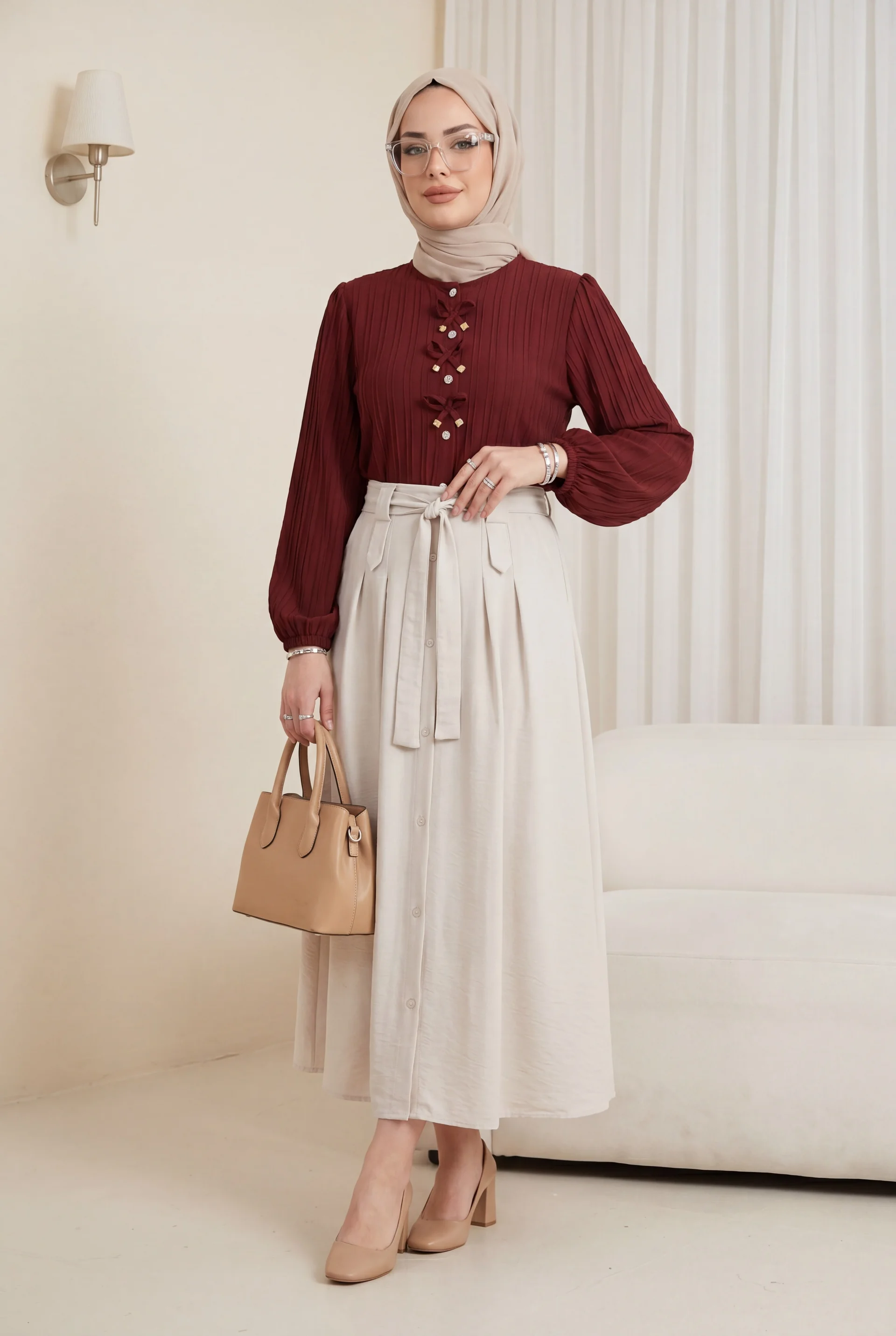 Front Bow Detail Buttoned Blouse with Elastic Cuffs - Burgundy - Podyumplus - by Peralane - photo 4