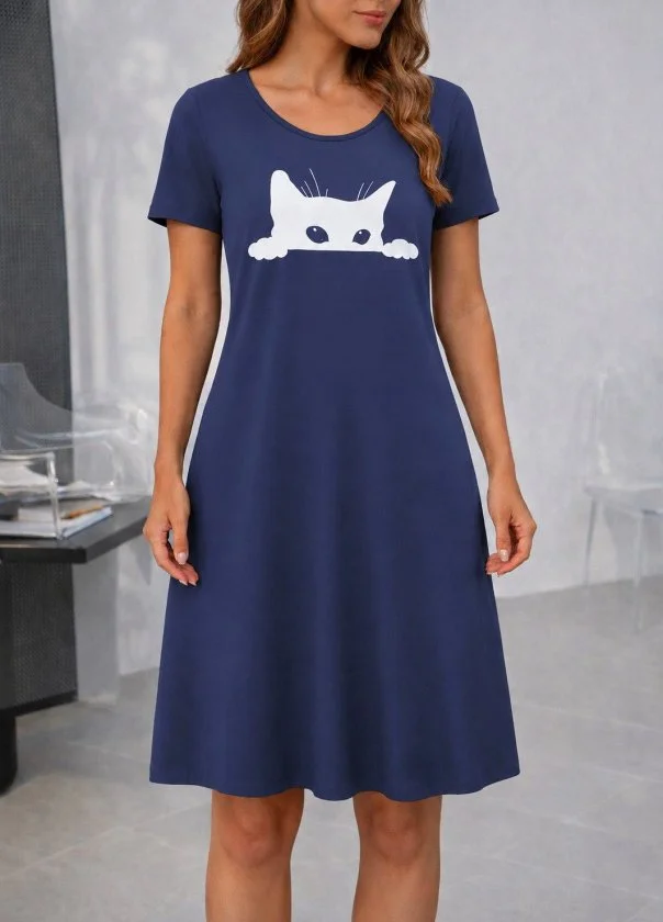 Women's Navy Blue Short Sleeve Cat Print Viscose Knee-Length Night Dress - Janes - by Peralane