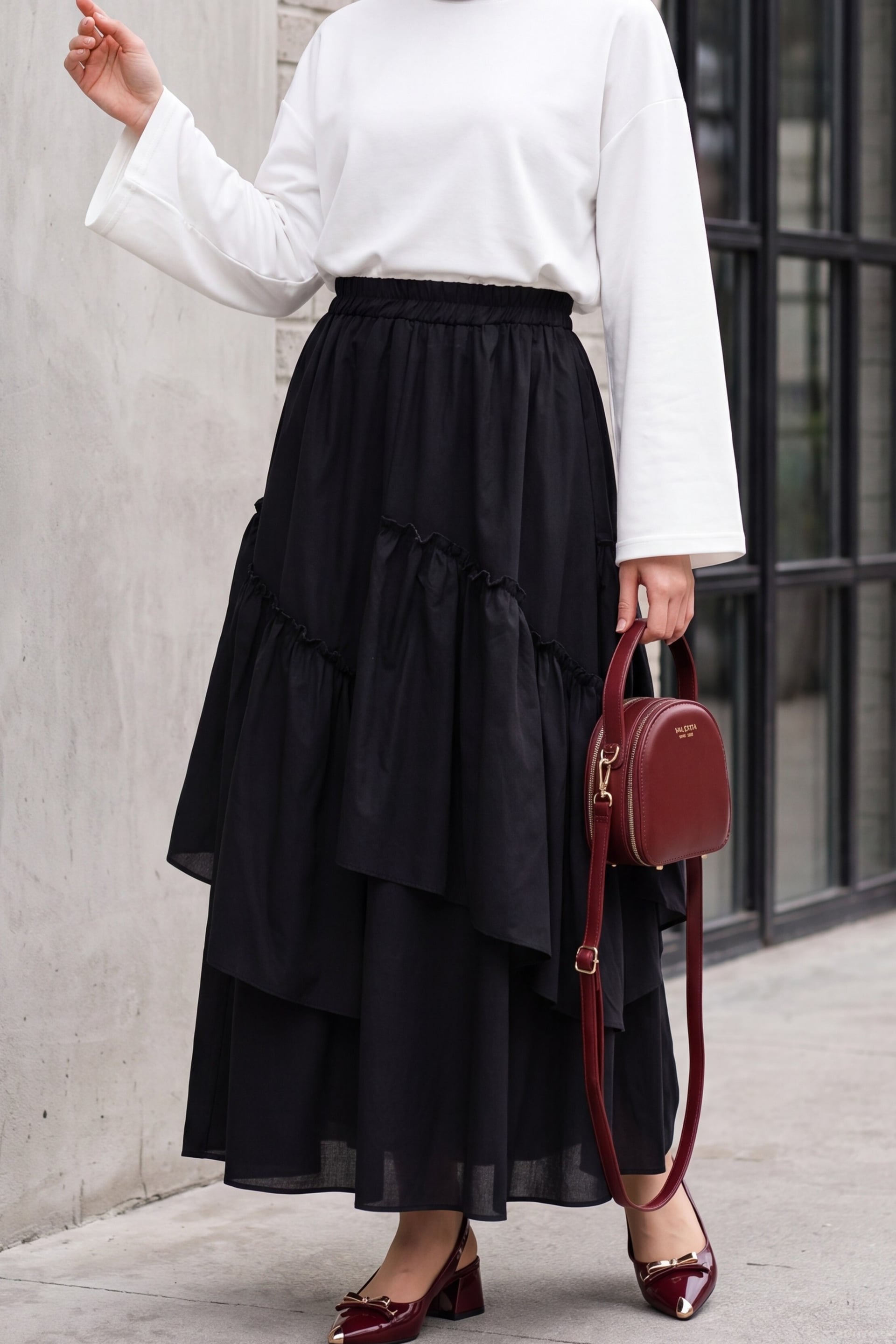 Women's Black Elasticated Waist Asymmetric Frilled Lined Voile Skirt - Podyumplus - by Peralane