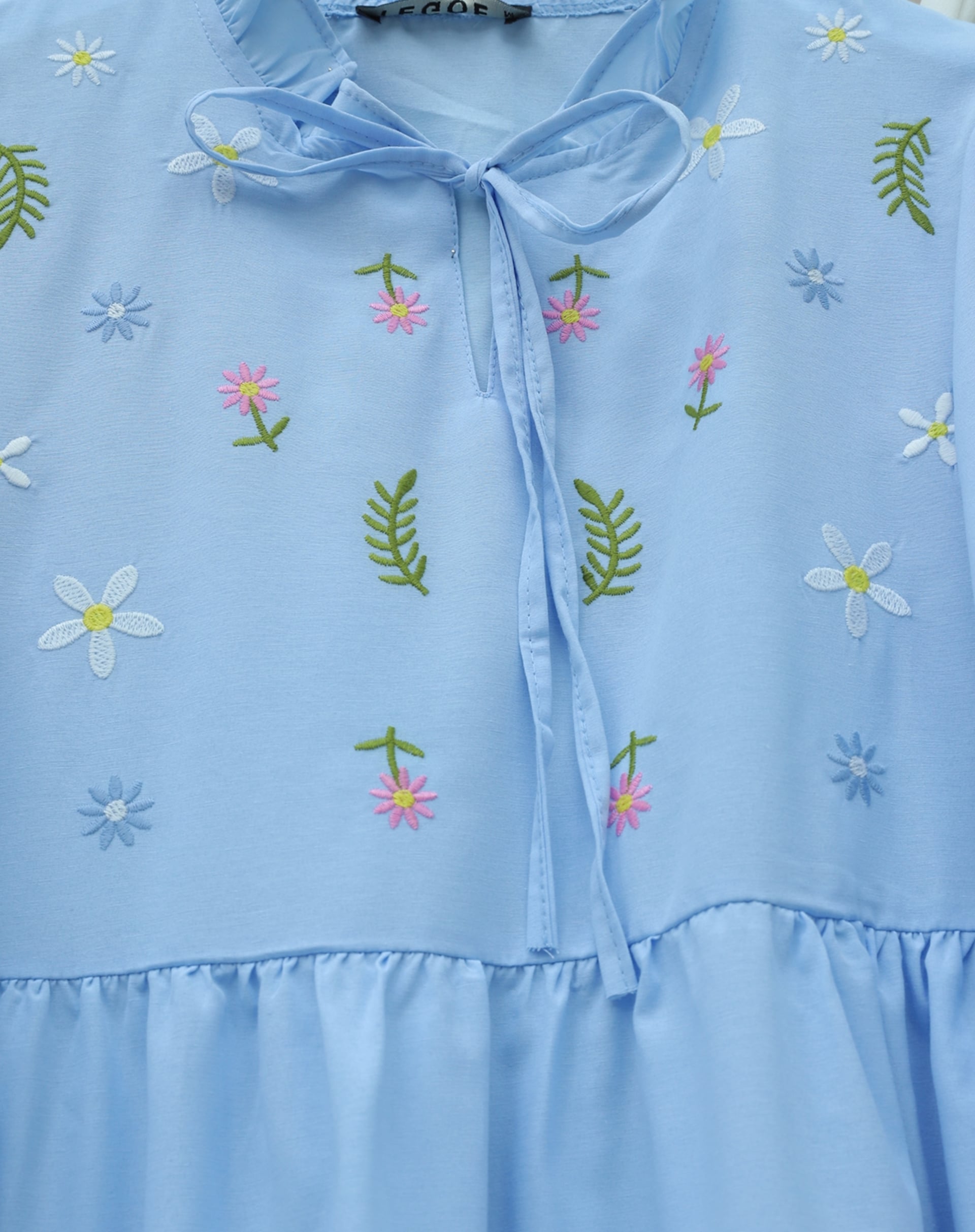 V-Neck Tie-Front Ruffled Floral Embroidered Poplin Tunic - Baby Blue - Podyumplus - by Peralane - photo 7