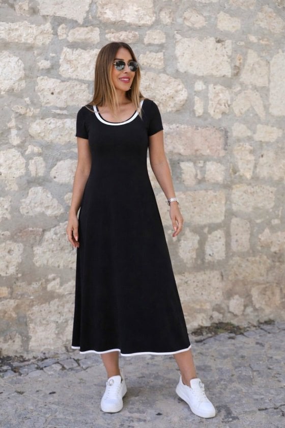 Women's Short Sleeve Round Neck Midi Dress with Contrast Trim - Janes - by Peralane