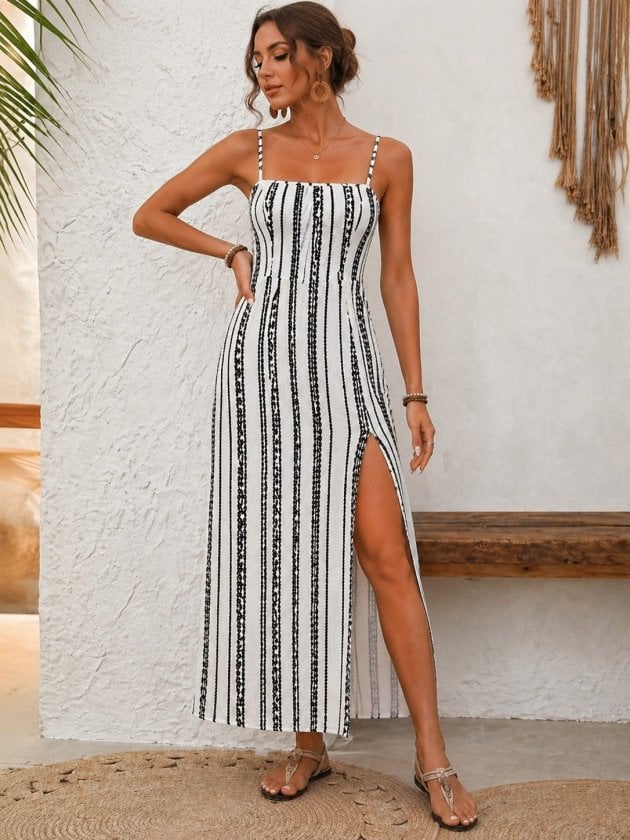 Women's Spaghetti Strap Striped Maxi Dress with Slit - Janes - by Peralane - photo 2