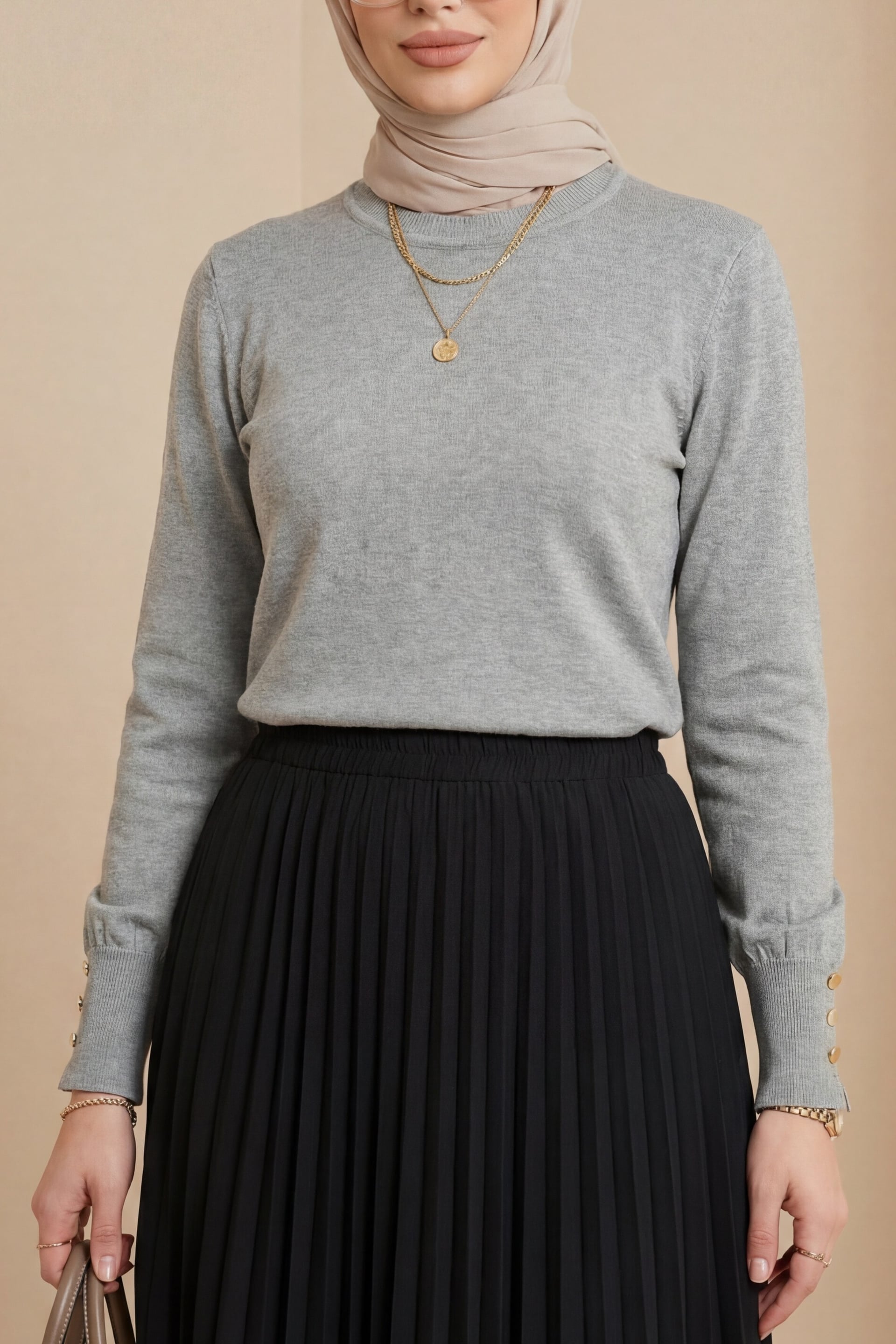 Round Neck Knit Tunic with Button Detail - Light Grey - Podyumplus - by Peralane